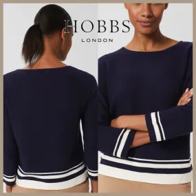 Hobbs London  |Stripes Casual Style Boat Neck Long Sleeves Plain Cotton