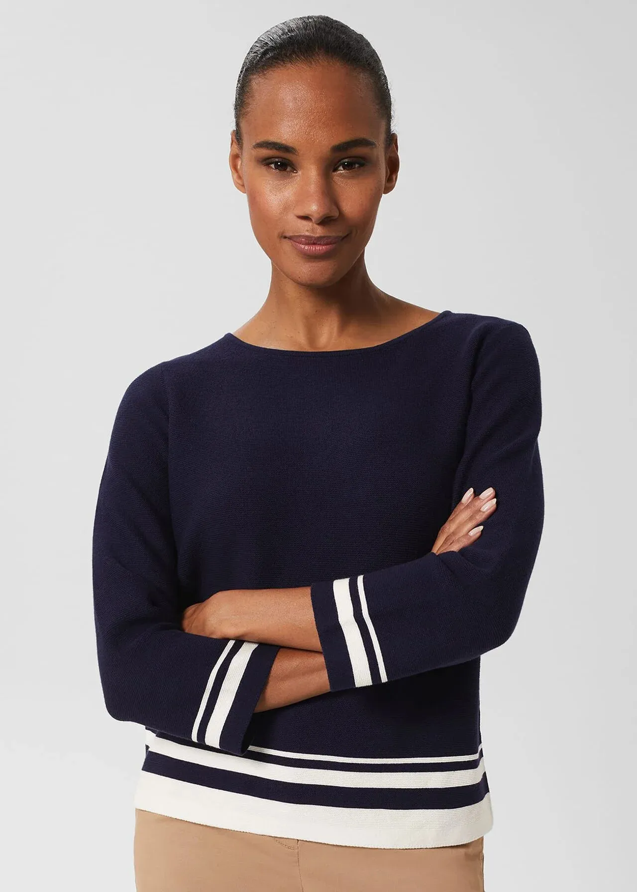 Hobbs London  |Stripes Casual Style Boat Neck Long Sleeves Plain Cotton