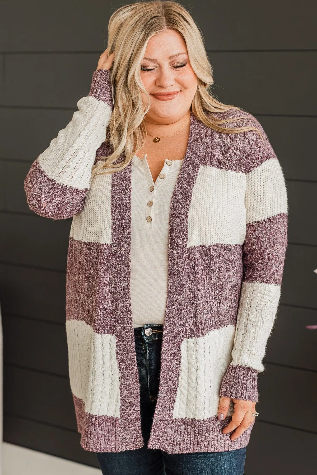 Hold Me Close Knit Cardigan- Cream & Dark Purple