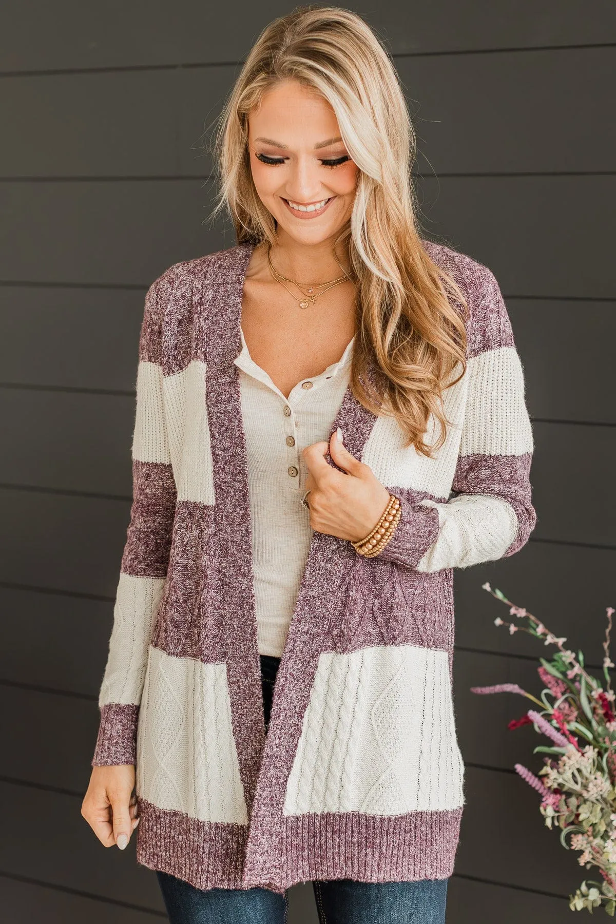 Hold Me Close Knit Cardigan- Cream & Dark Purple