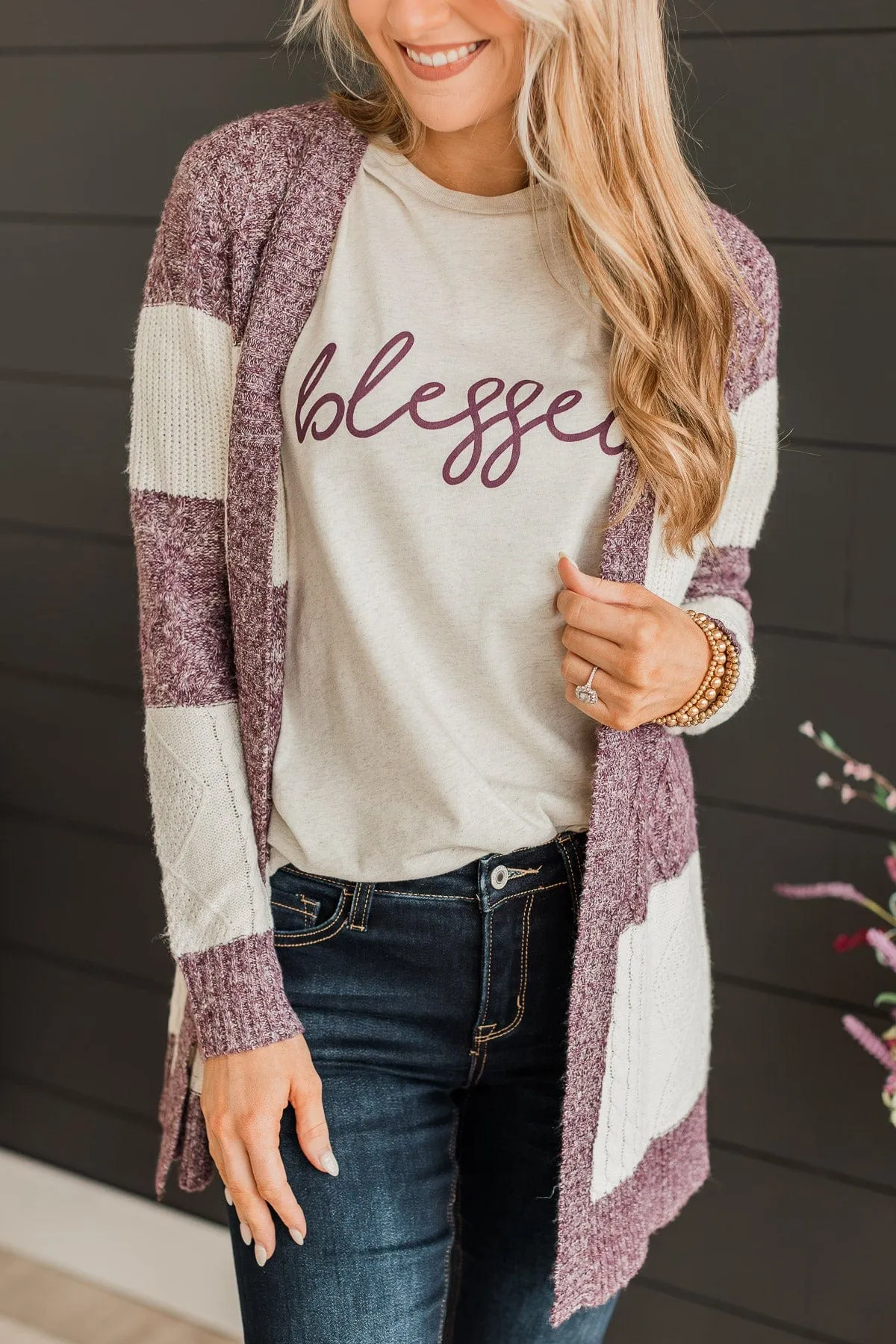 Hold Me Close Knit Cardigan- Cream & Dark Purple