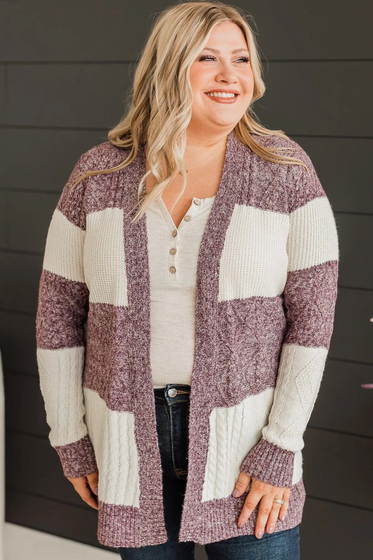 Hold Me Close Knit Cardigan- Cream & Dark Purple