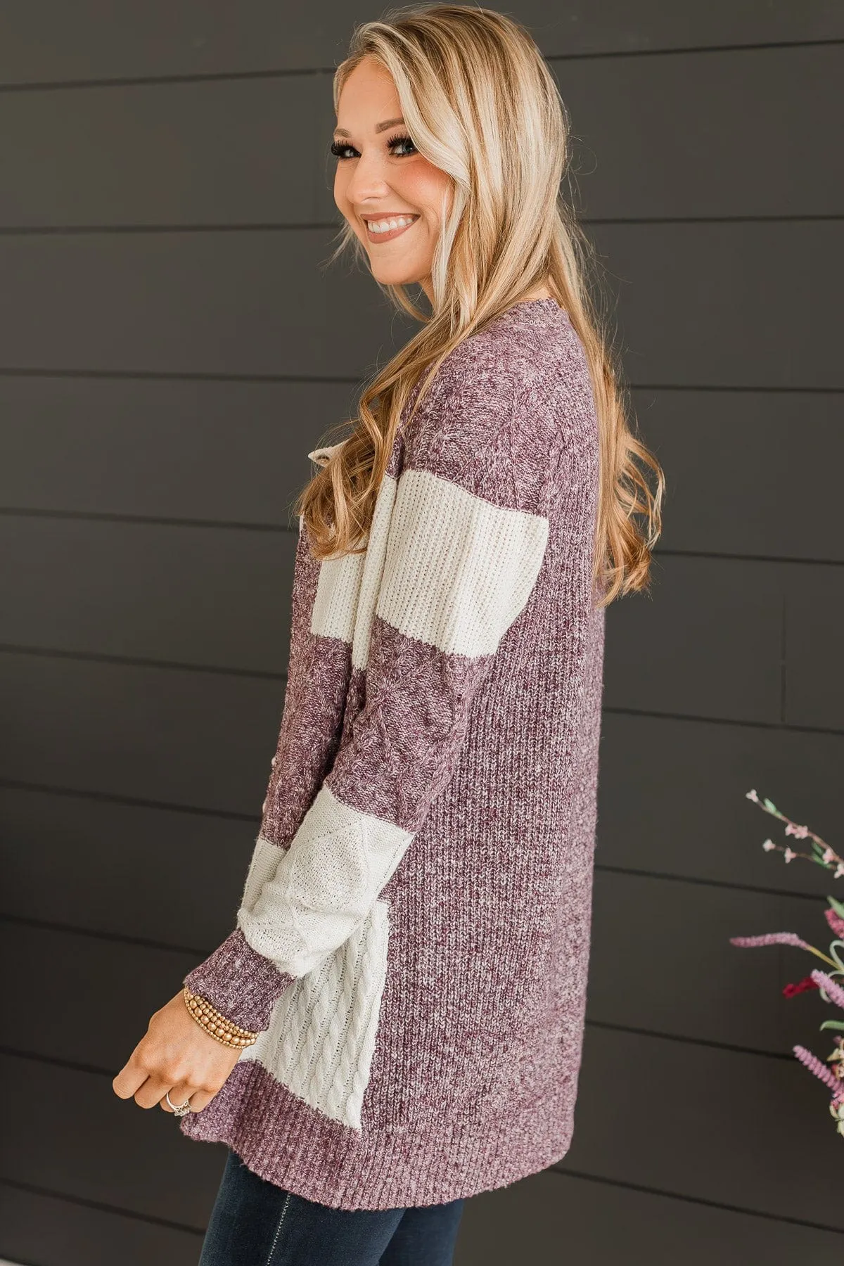 Hold Me Close Knit Cardigan- Cream & Dark Purple