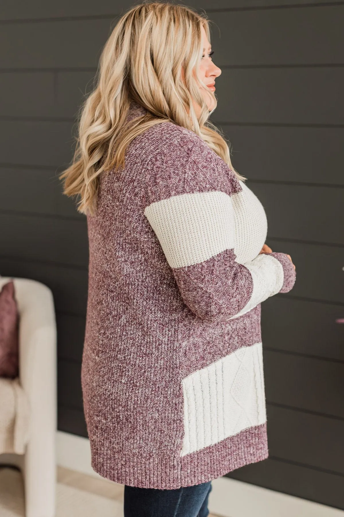 Hold Me Close Knit Cardigan- Cream & Dark Purple