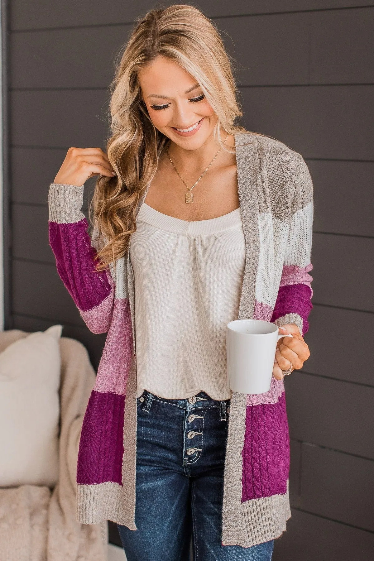 Hold Me Close Knit Cardigan- Light Taupe & Pink