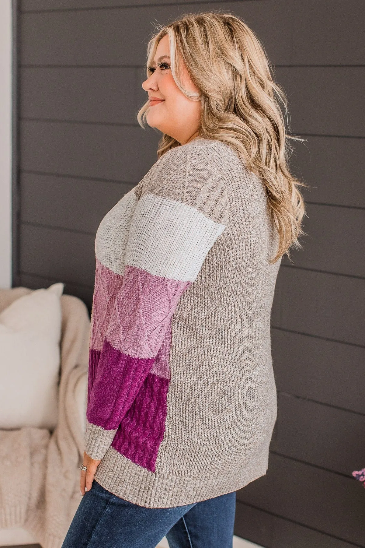 Hold Me Close Knit Cardigan- Light Taupe & Pink