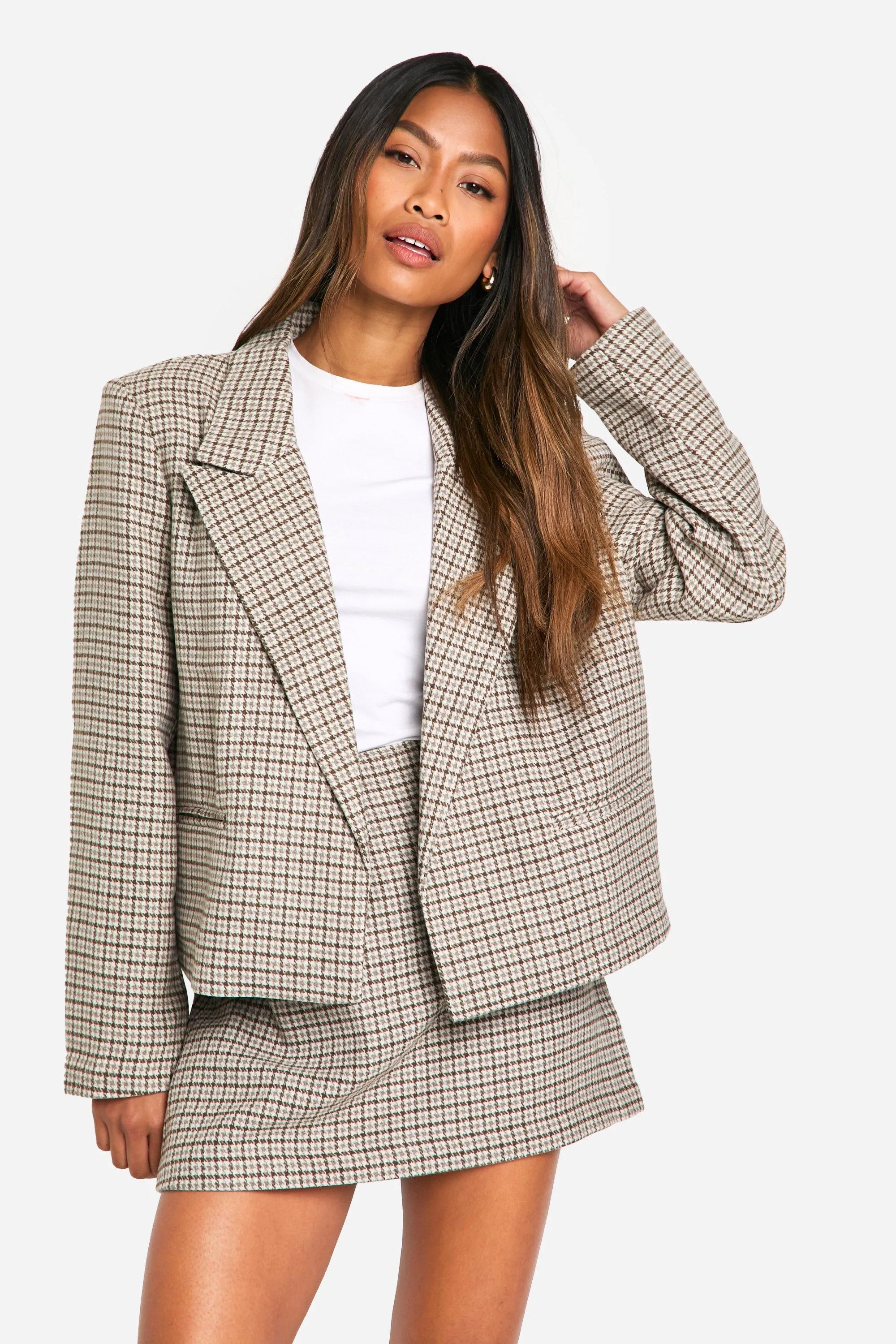 Houndstooth Crop Wool Look Blazer