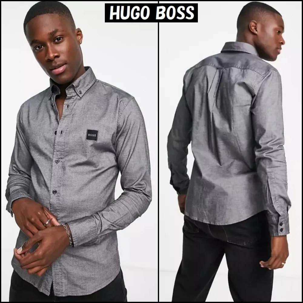 Hugo Boss  |Long Sleeves Plain Cotton Logo Shirts