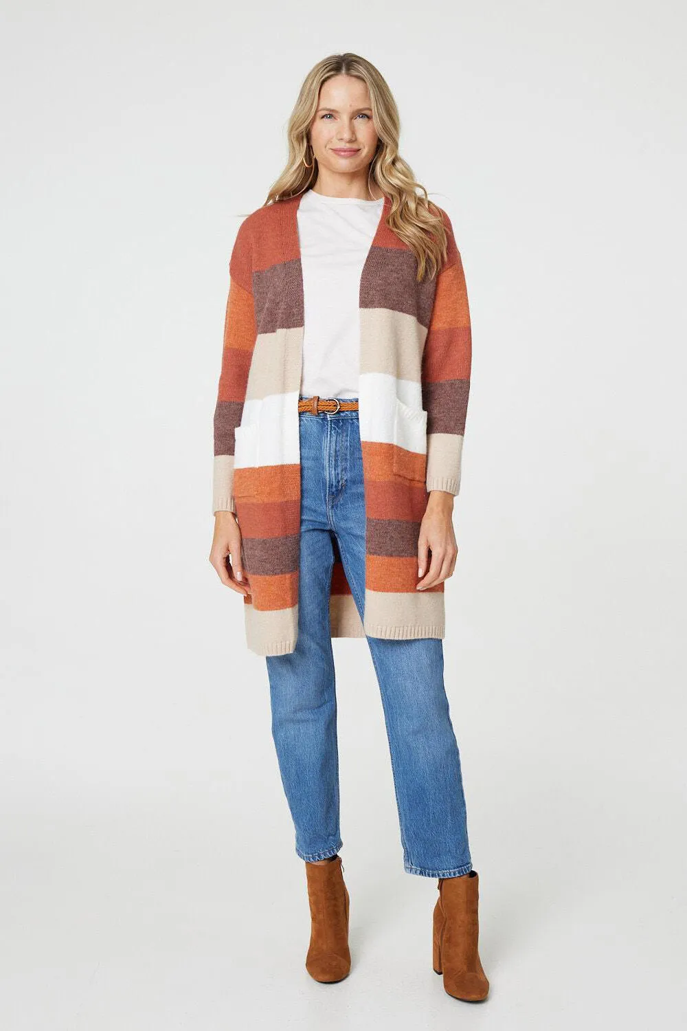 Izabel London – Striped Longline Pocket Front Cardigan