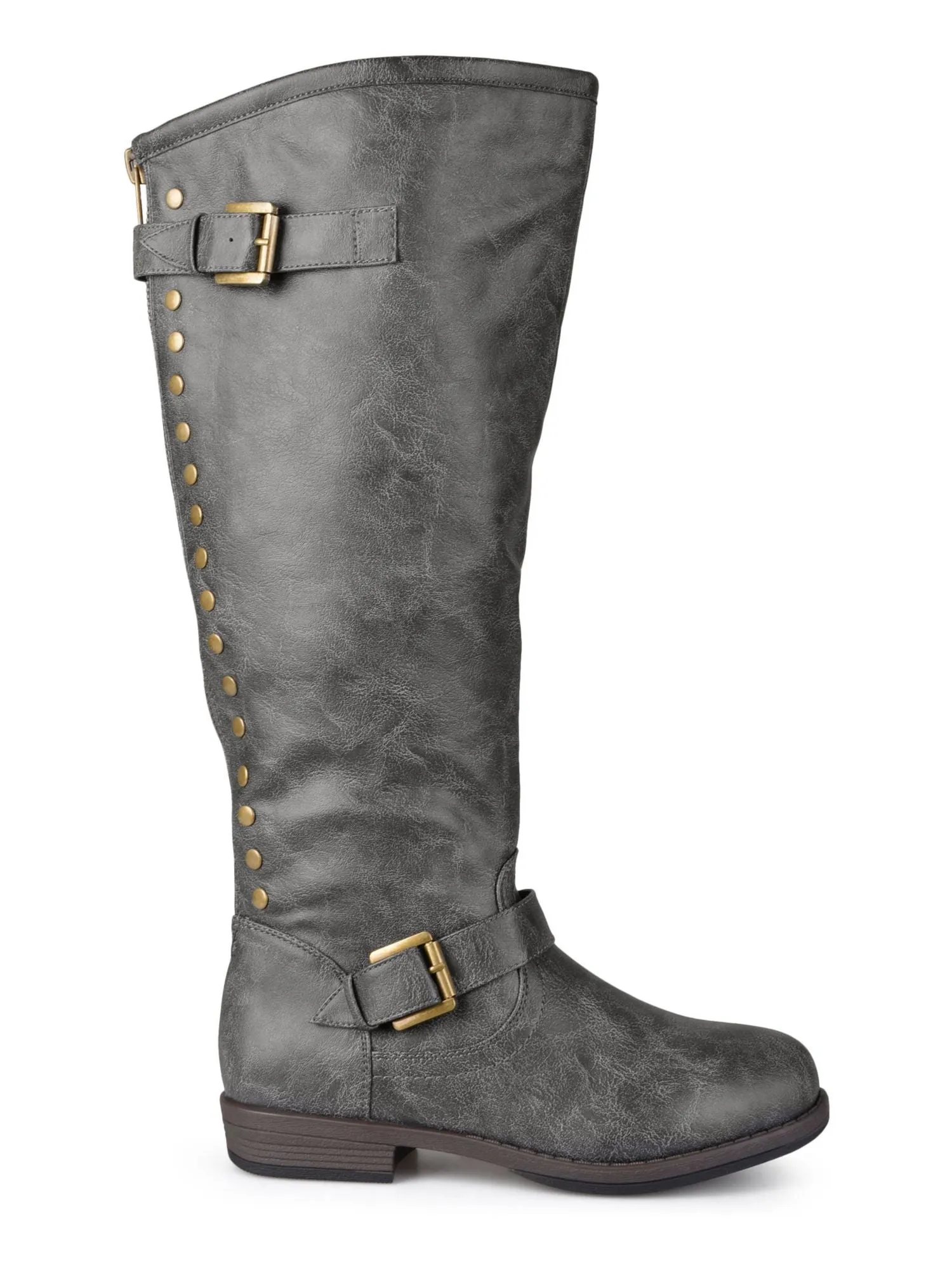 JOURNEE COLLECTION Womens Dark Grey Gray Buckled Straps Studded Cushioned Spokane Round Toe Block Heel Zip-Up Riding Boot