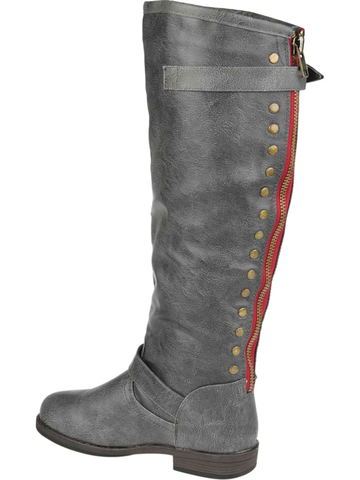 JOURNEE COLLECTION Womens Dark Grey Gray Buckled Straps Studded Cushioned Spokane Round Toe Block Heel Zip-Up Riding Boot