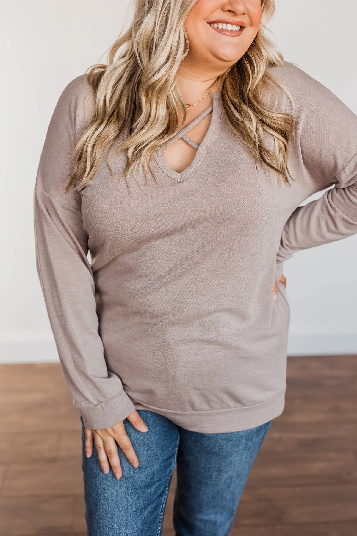 Just For Fun Criss Cross Long Sleeve Top- Mocha