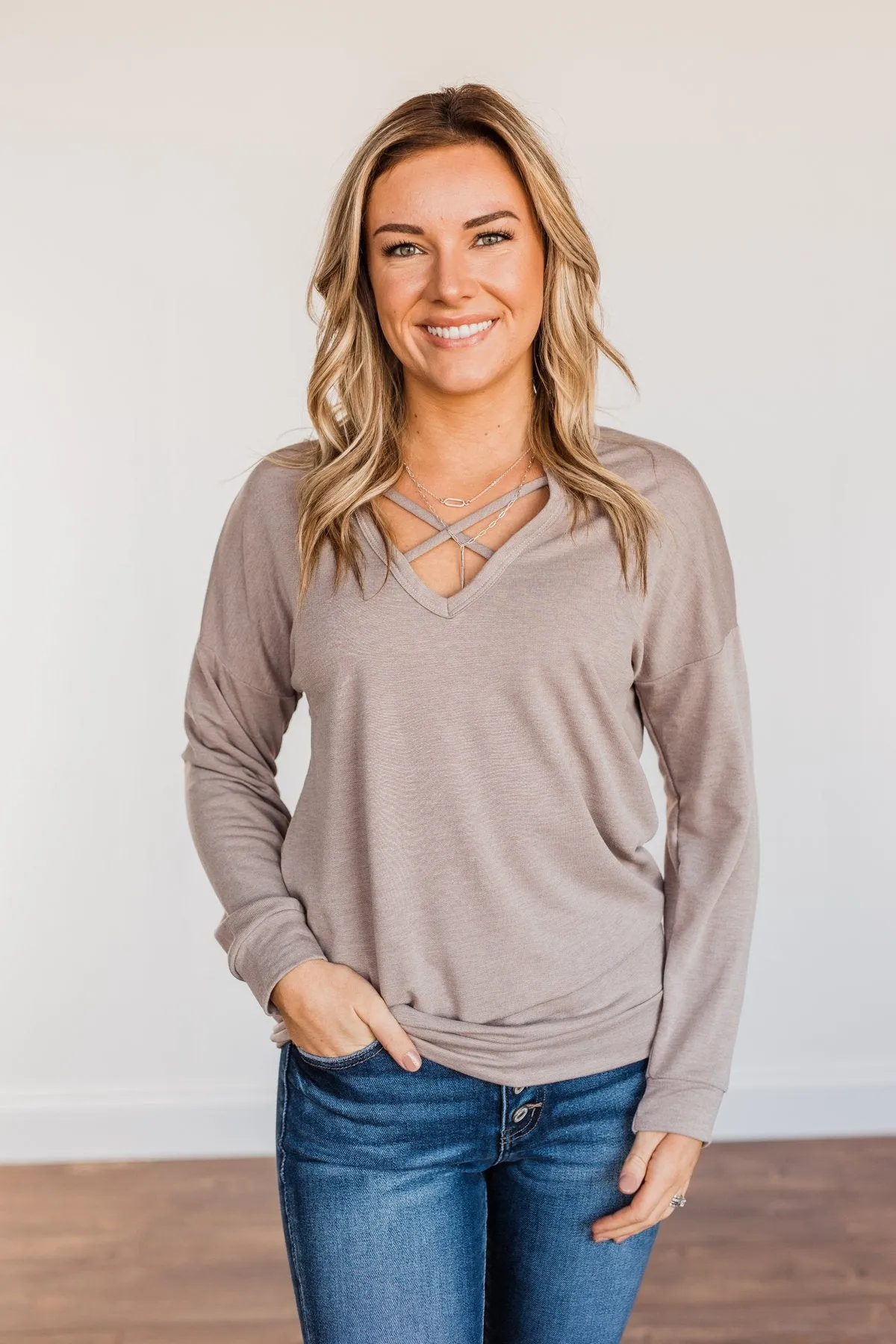 Just For Fun Criss Cross Long Sleeve Top- Mocha