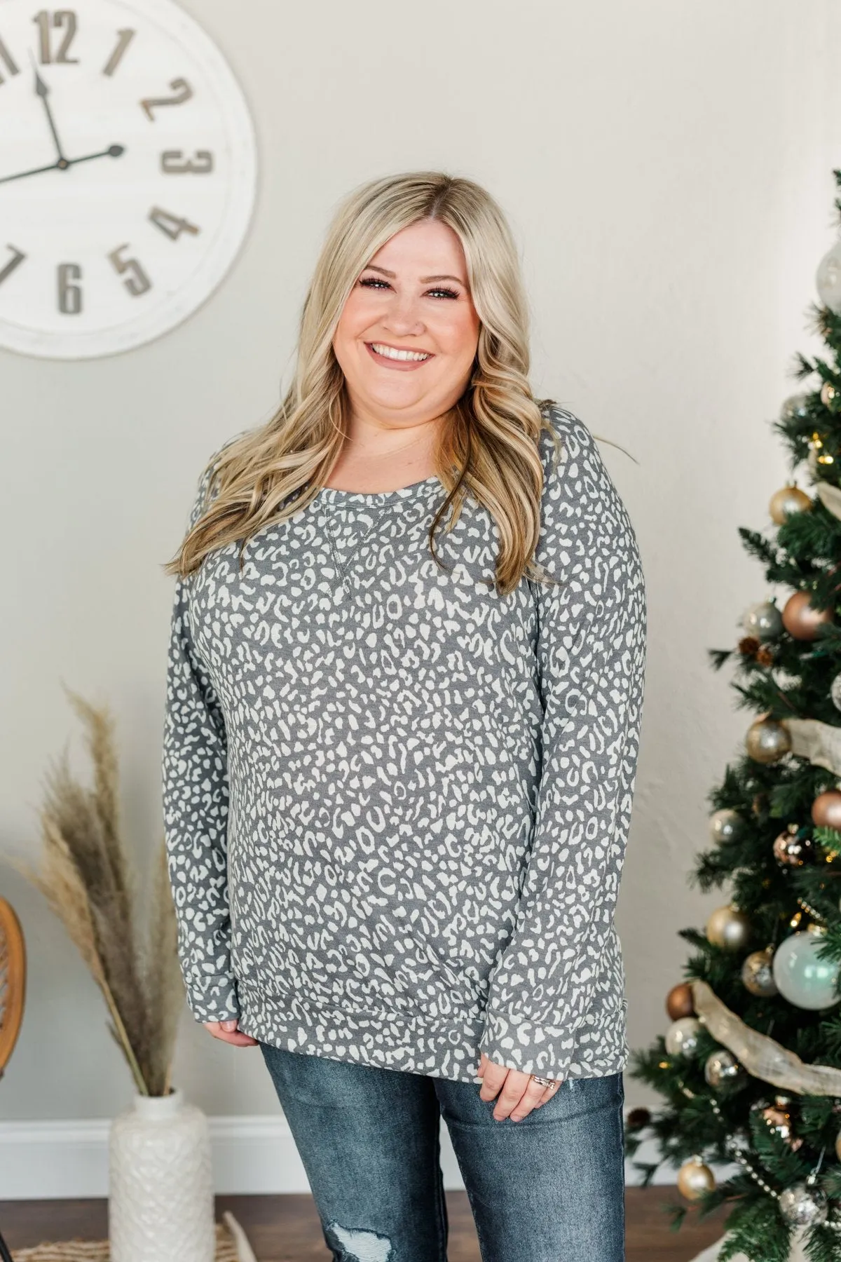 Just Go With It Long Sleeve Leopard Top- Charcoal & Beige