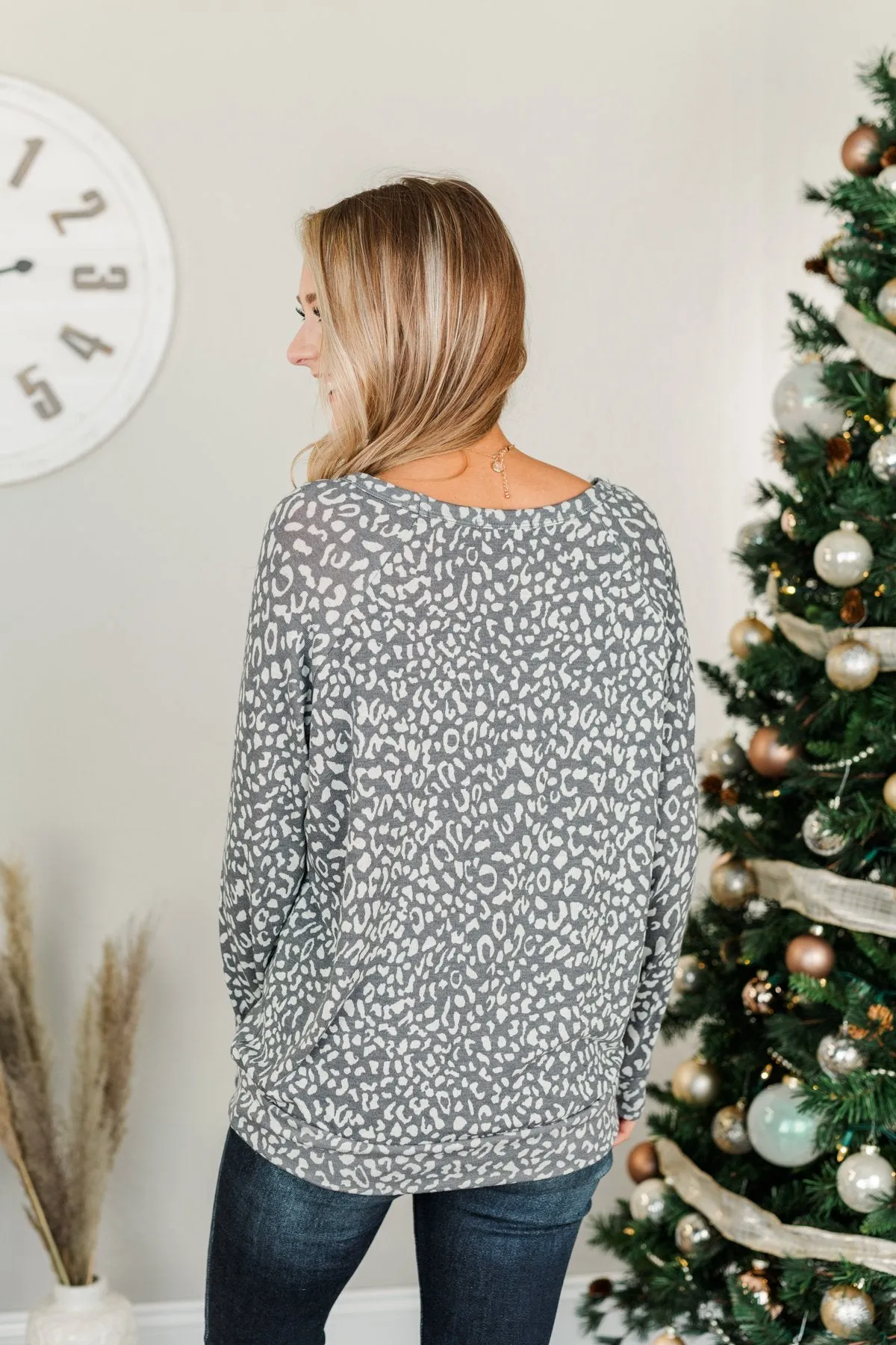 Just Go With It Long Sleeve Leopard Top- Charcoal & Beige