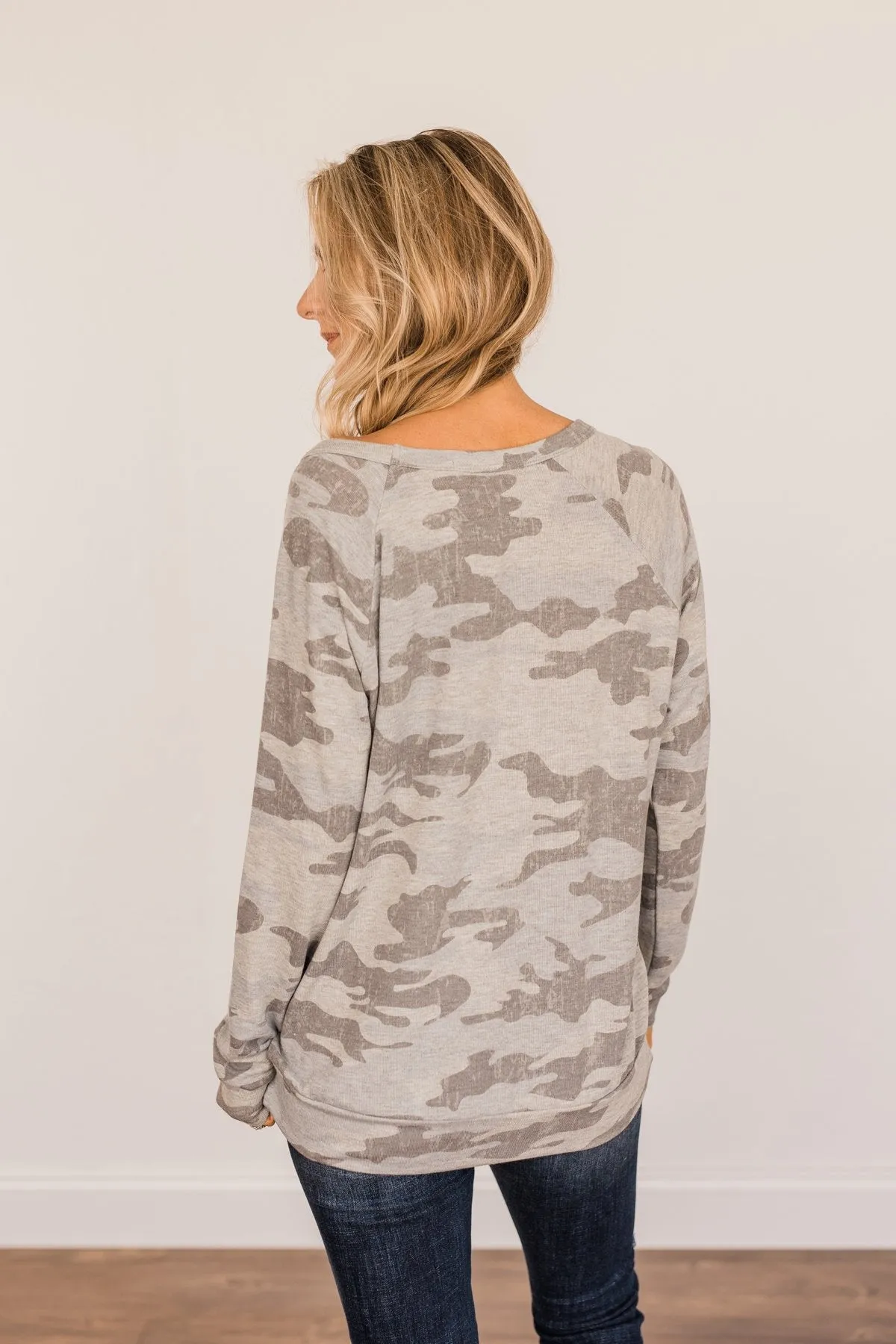 Just Go With It Long Sleeve Top- Grey Camo