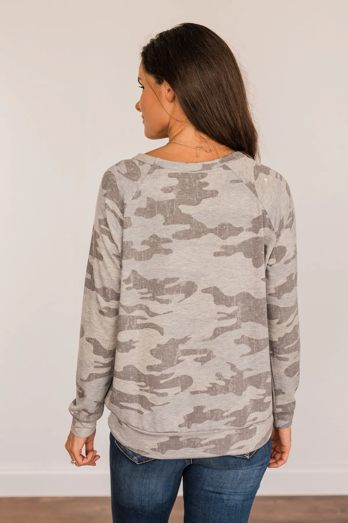 Just Go With It Long Sleeve Top- Grey Camo