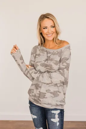 Just Go With It Long Sleeve Top- Grey Camo