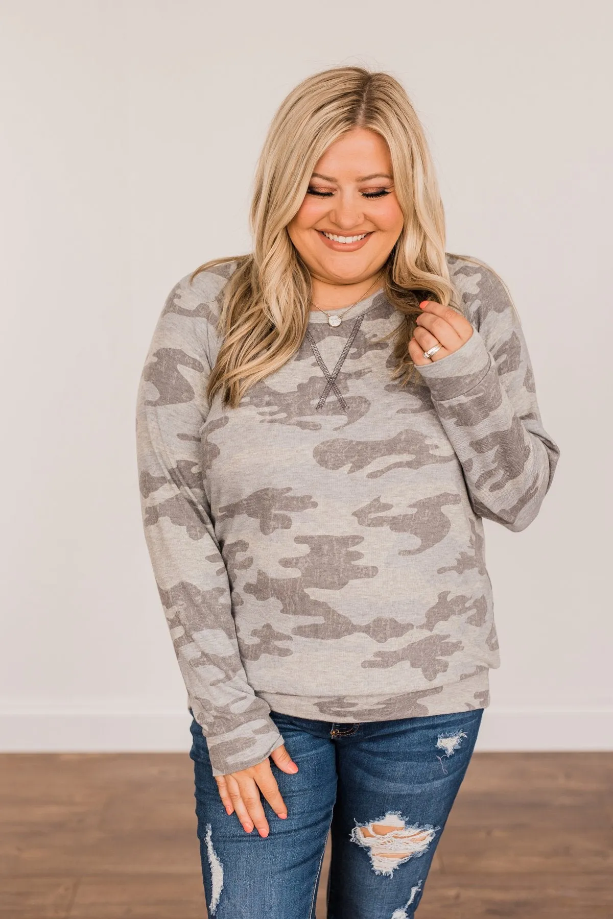 Just Go With It Long Sleeve Top- Grey Camo