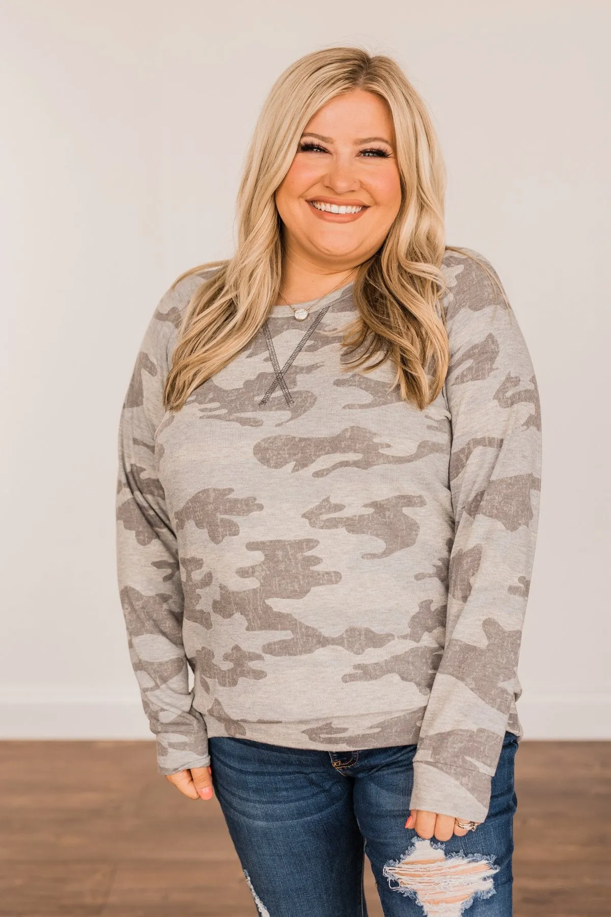 Just Go With It Long Sleeve Top- Grey Camo