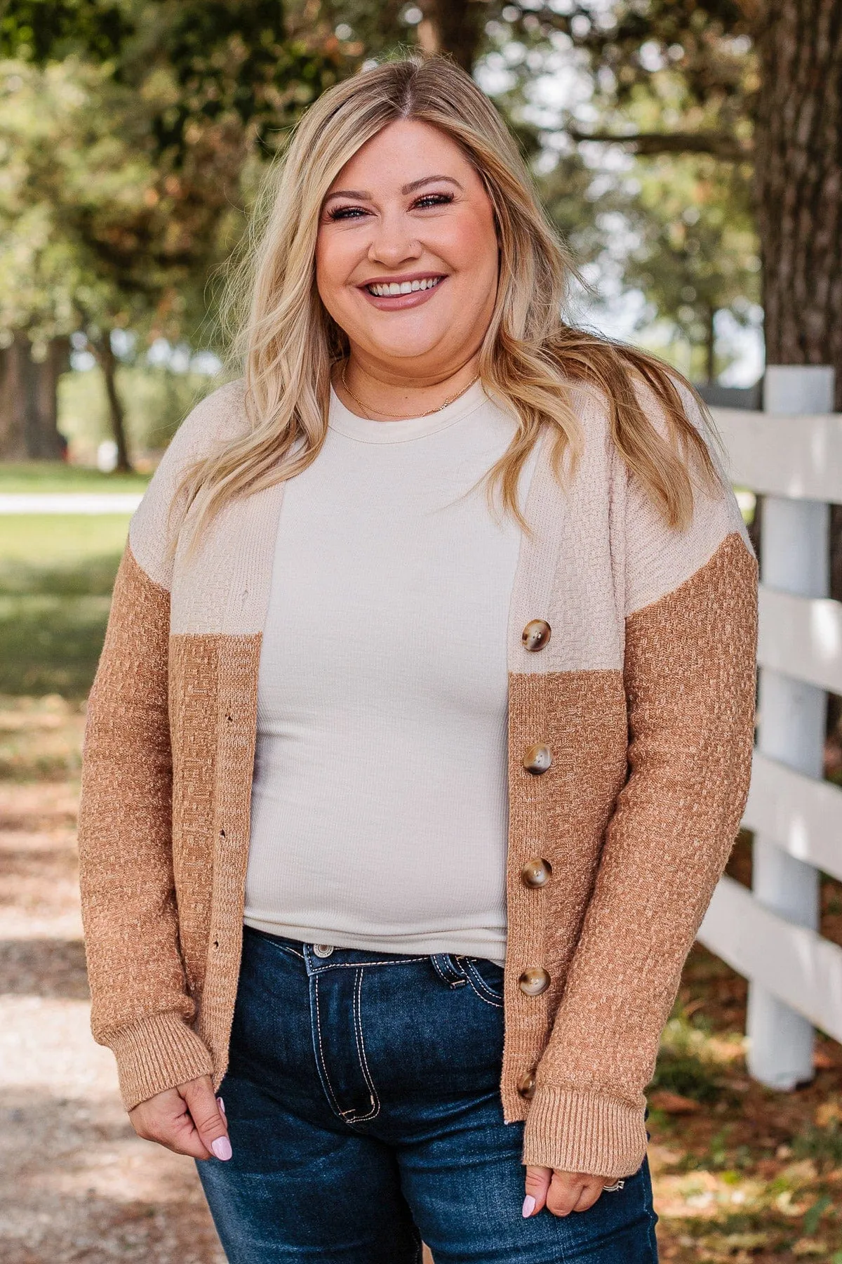 Keep Smiling Button Knit Cardigan- Cream & Dusty Clay