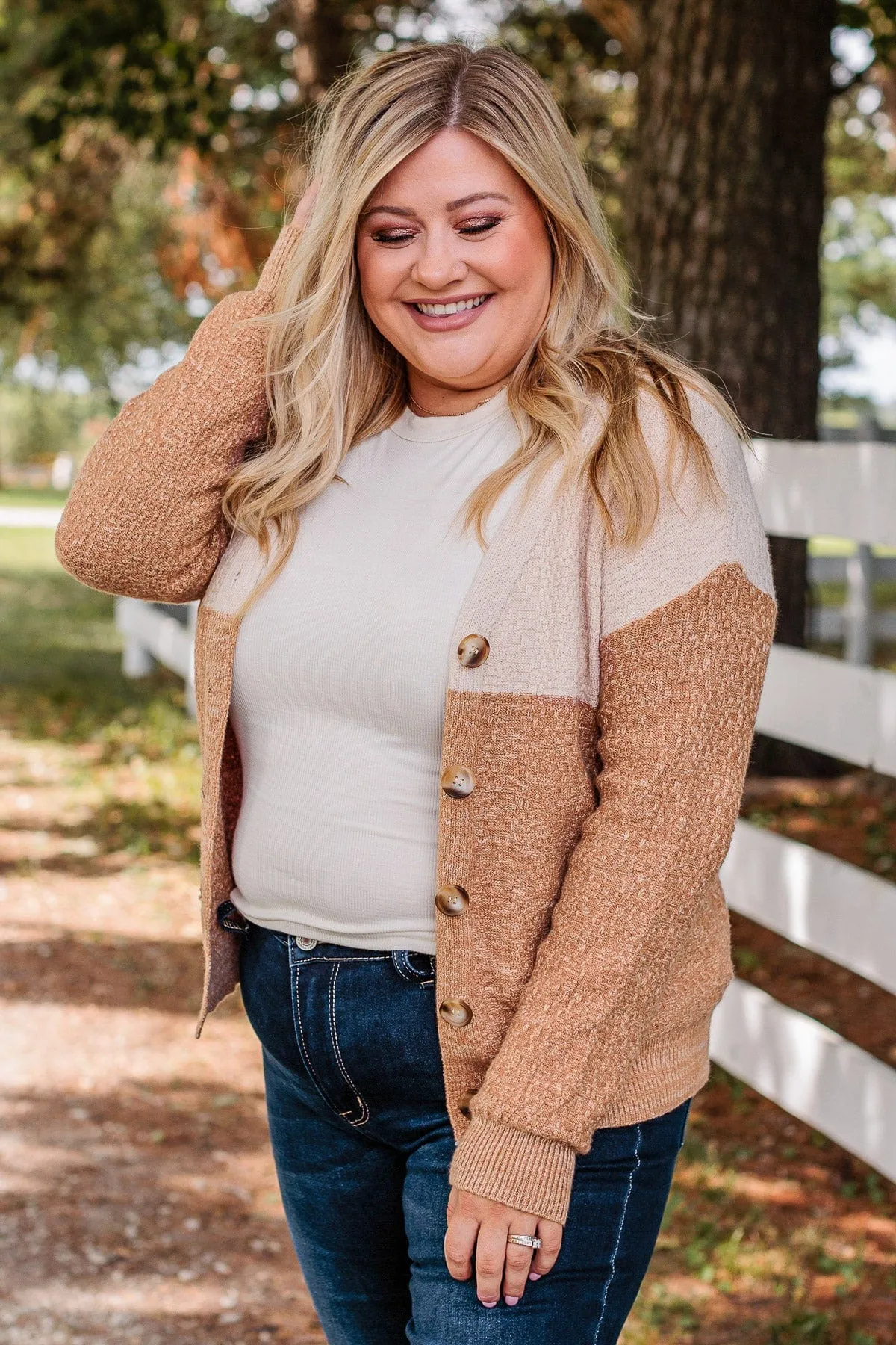 Keep Smiling Button Knit Cardigan- Cream & Dusty Clay