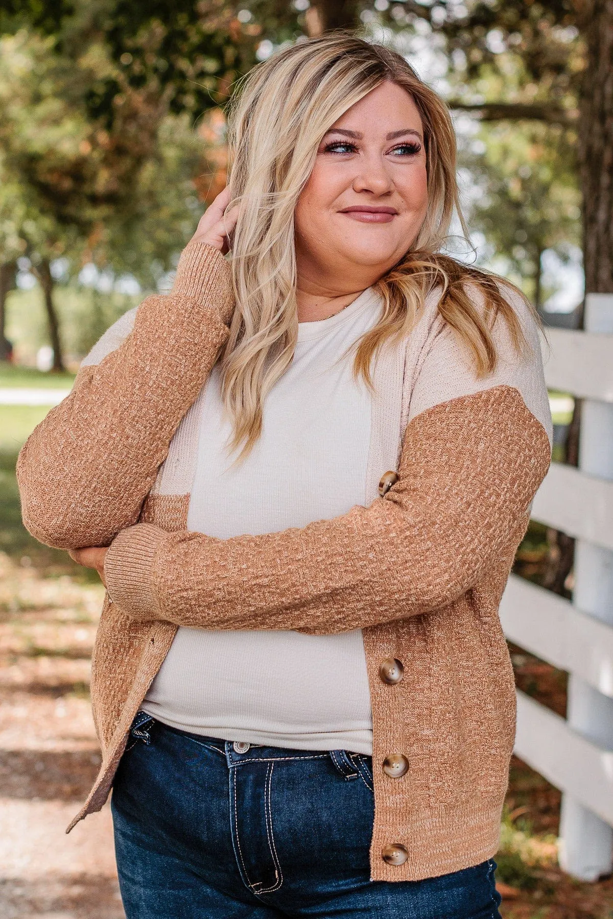 Keep Smiling Button Knit Cardigan- Cream & Dusty Clay