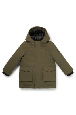 Kids' hooded parka jacket with logo placket