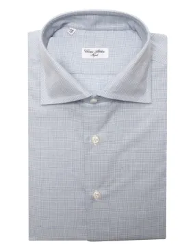 Light Blue Cotton Blend Mini Glen Plaid Dress Shirt