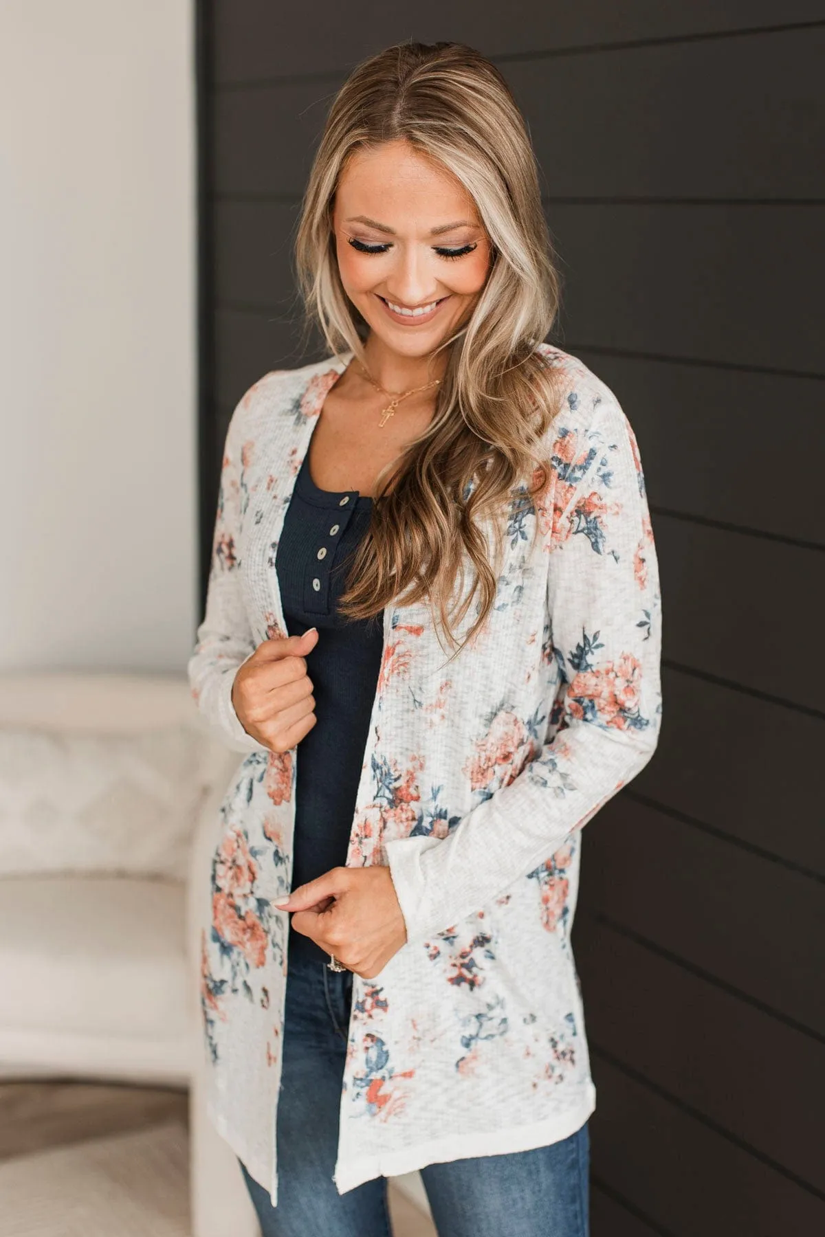 Light Up With Joy Floral Cardigan- Ivory & Navy