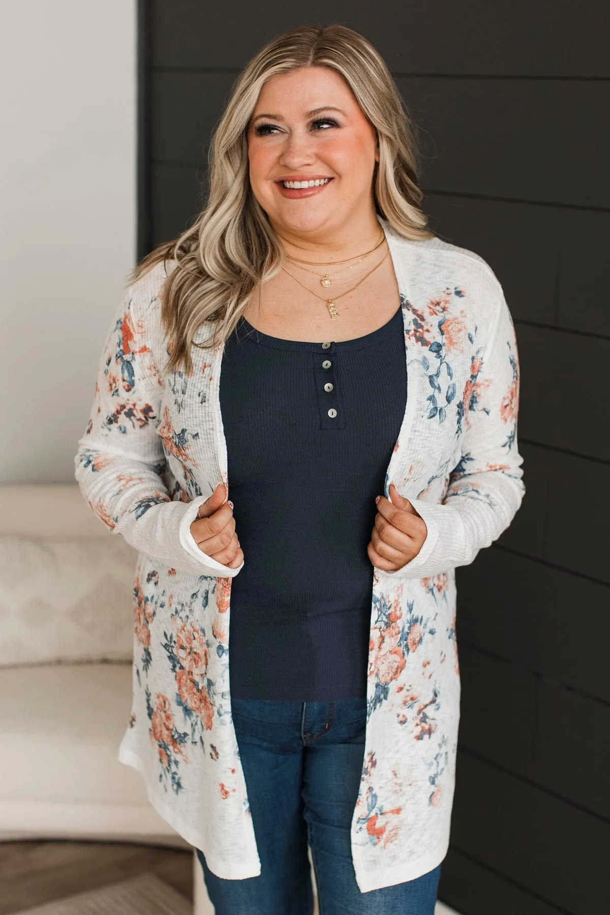 Light Up With Joy Floral Cardigan- Ivory & Navy