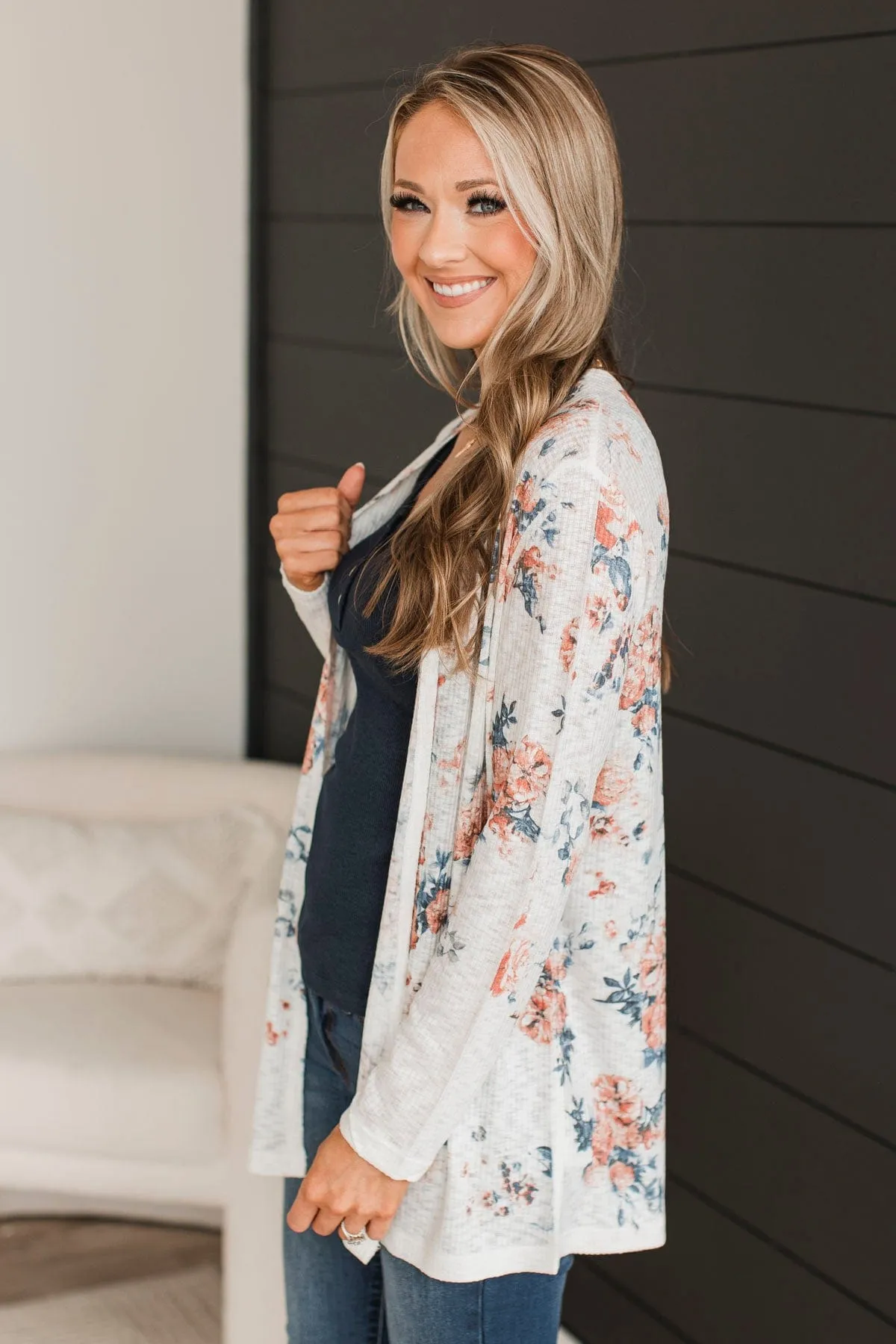 Light Up With Joy Floral Cardigan- Ivory & Navy