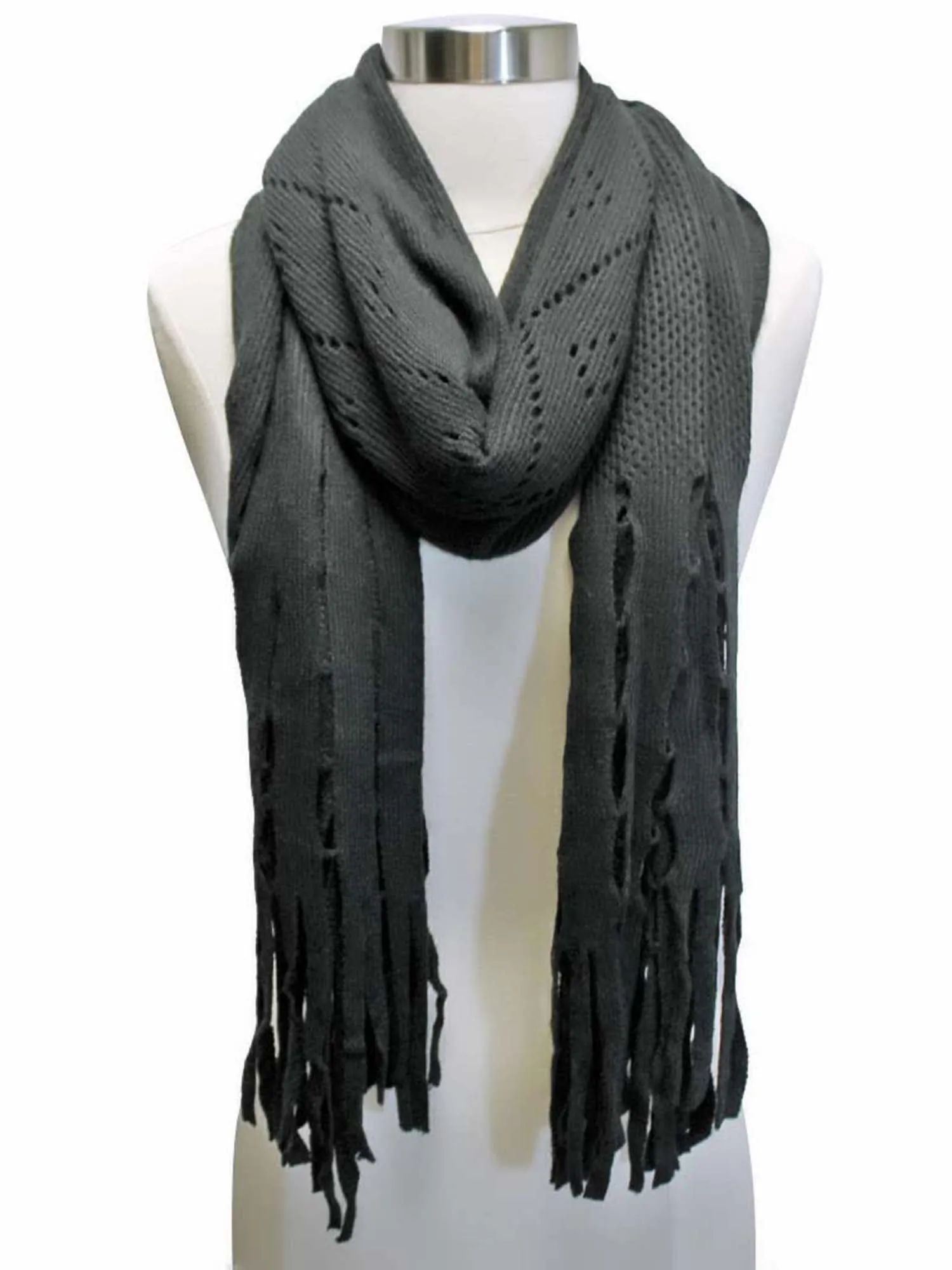 Long Fringy Diamond Pattern Knit Scarf