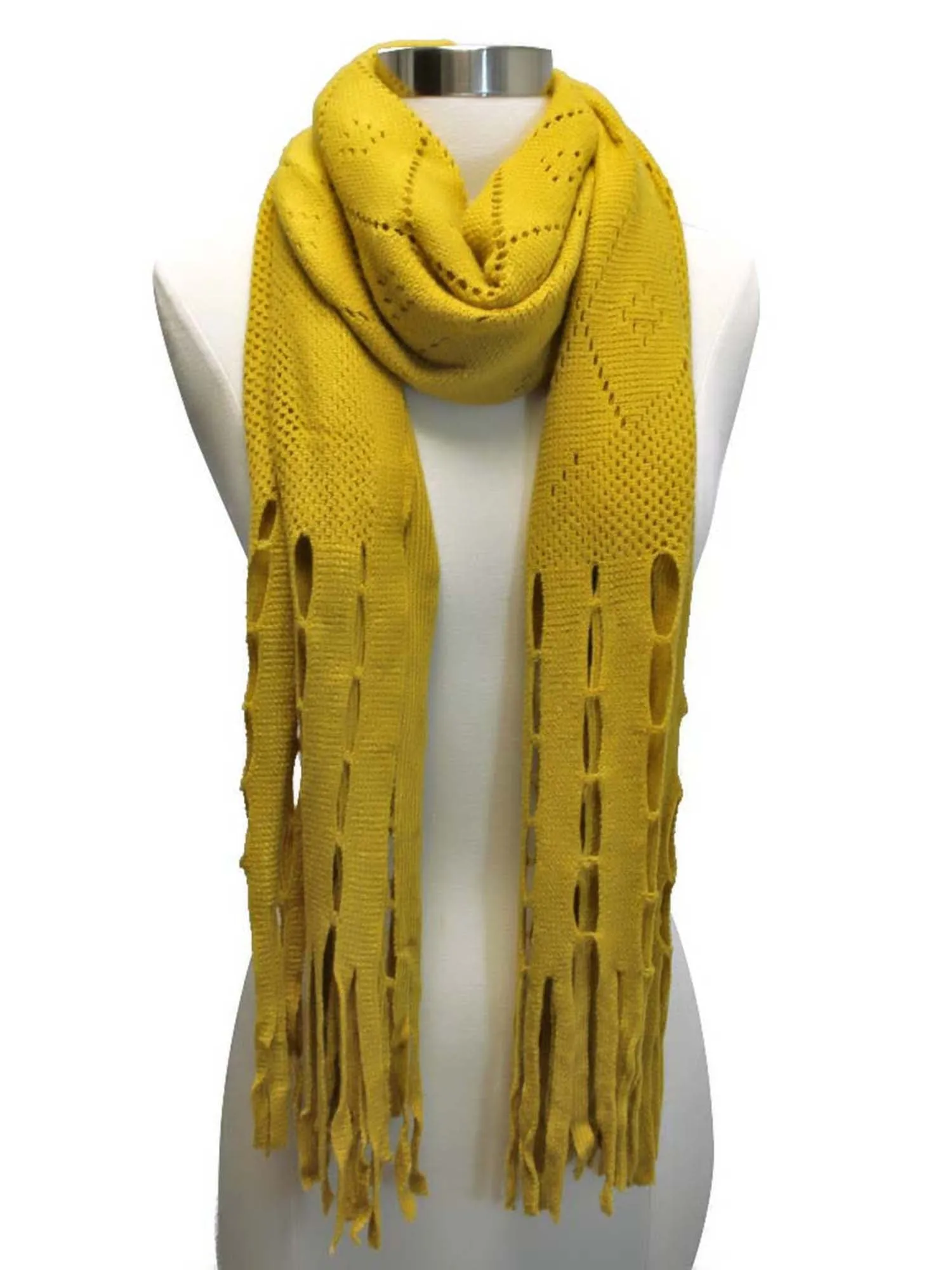 Long Fringy Diamond Pattern Knit Scarf