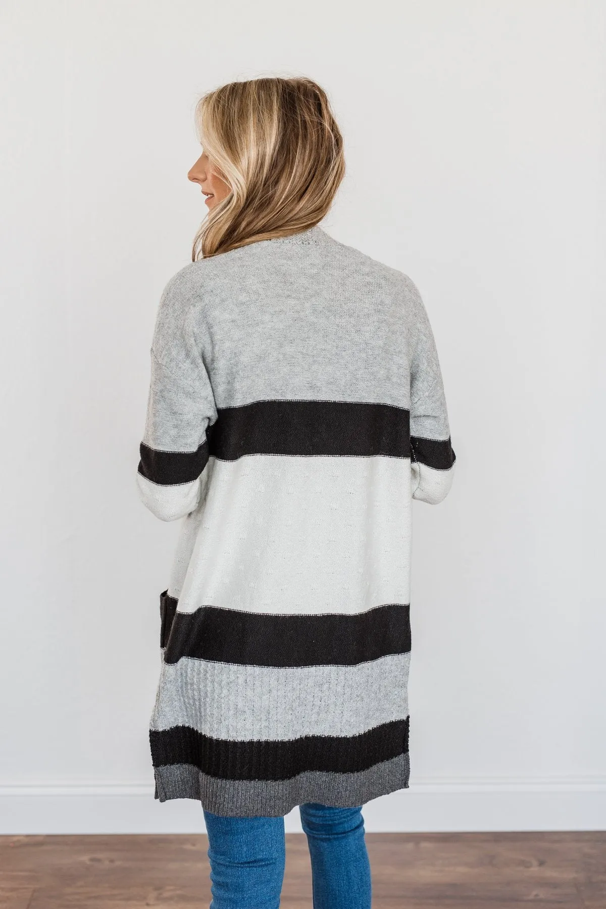 Looking Luxurious Color Block Cardigan- Ivory, Black & Grey