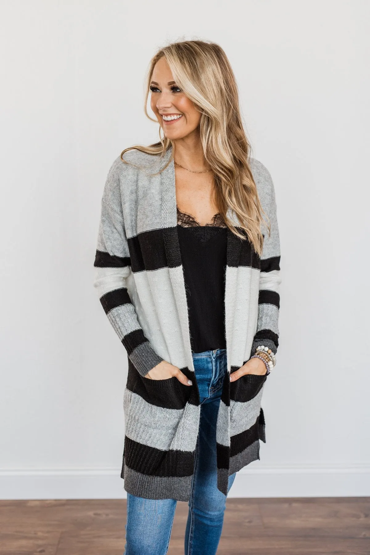 Looking Luxurious Color Block Cardigan- Ivory, Black & Grey