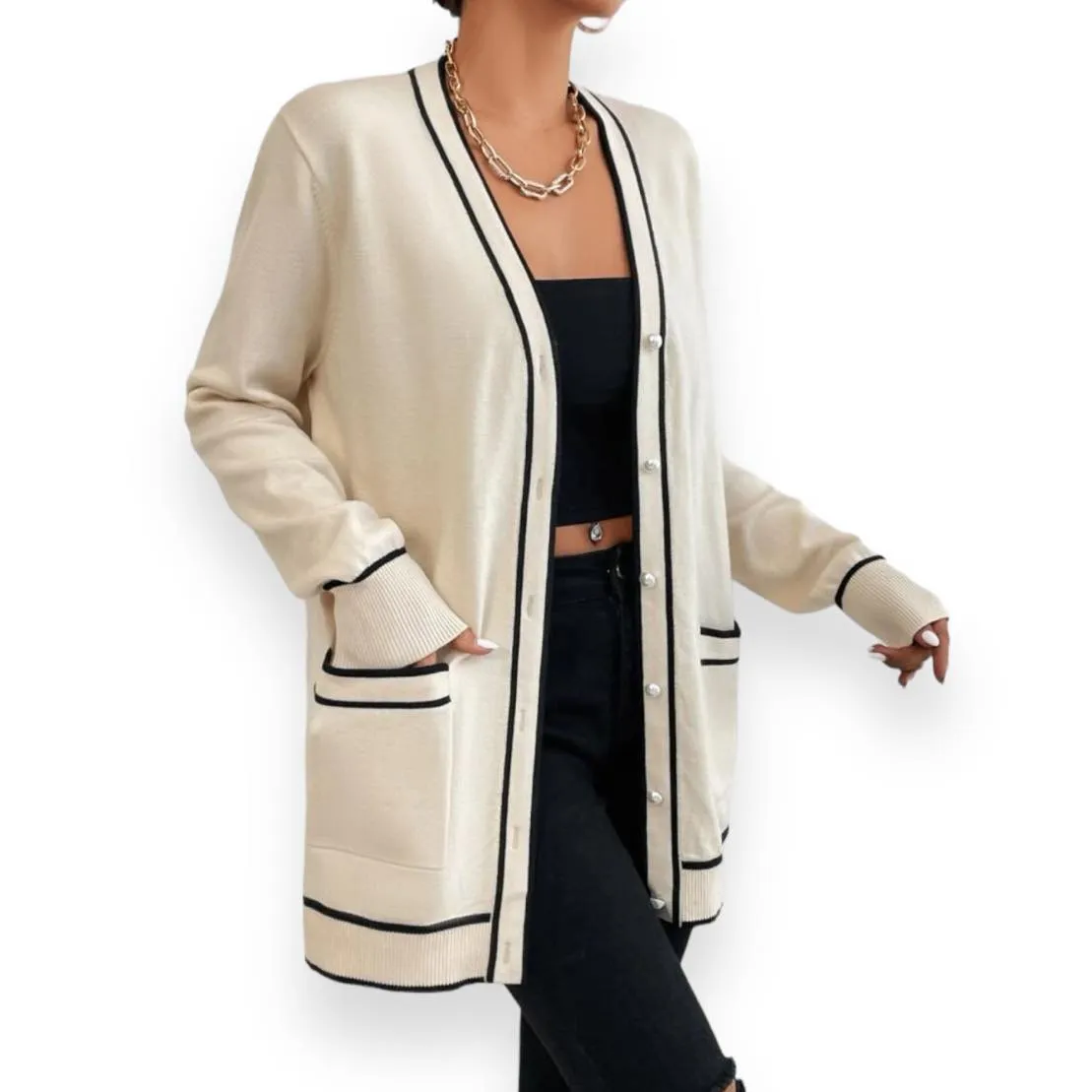 LOOM Contrast Trim Long Knit Cardigan With Pockets