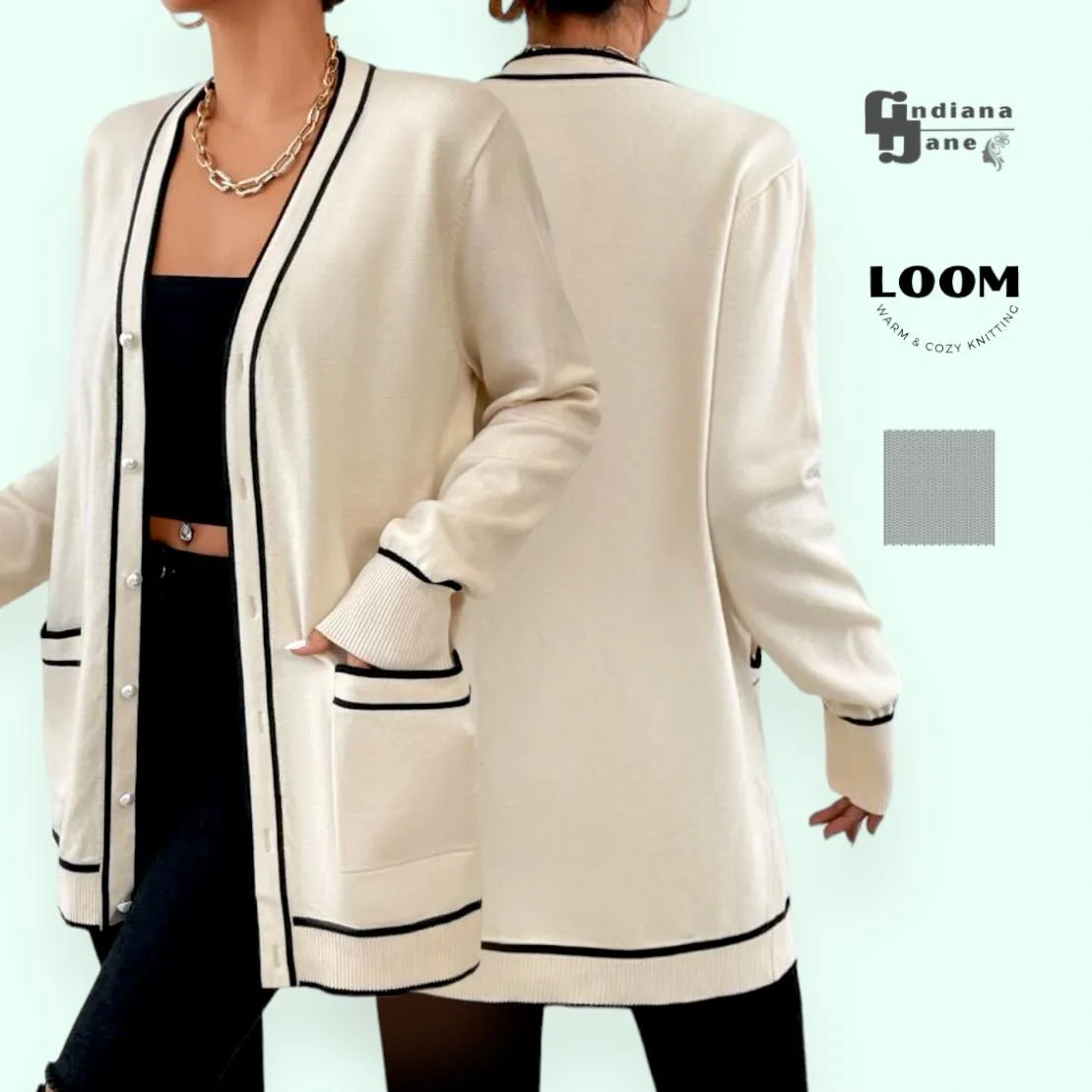 LOOM Contrast Trim Long Knit Cardigan With Pockets