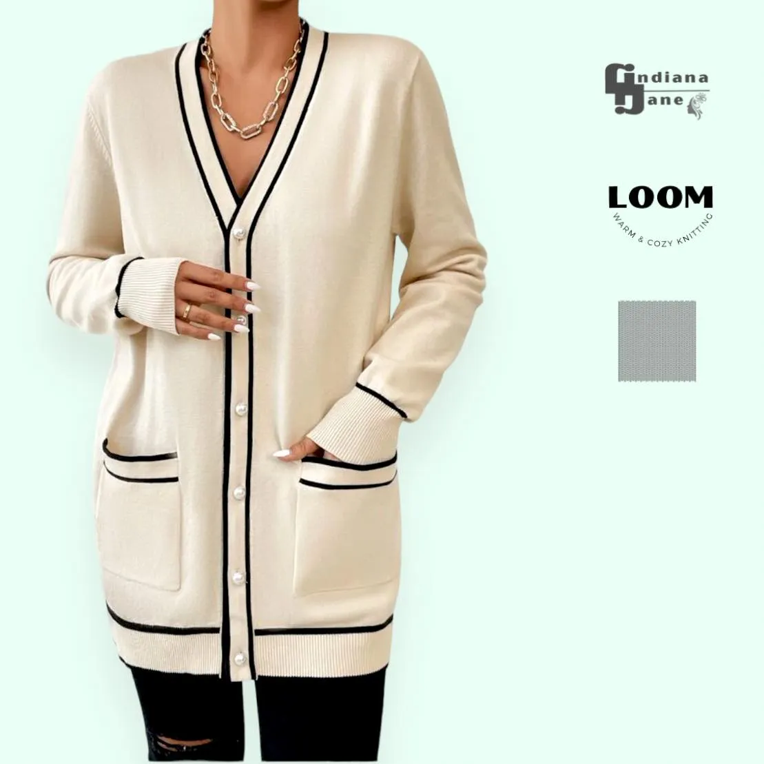 LOOM Contrast Trim Long Knit Cardigan With Pockets