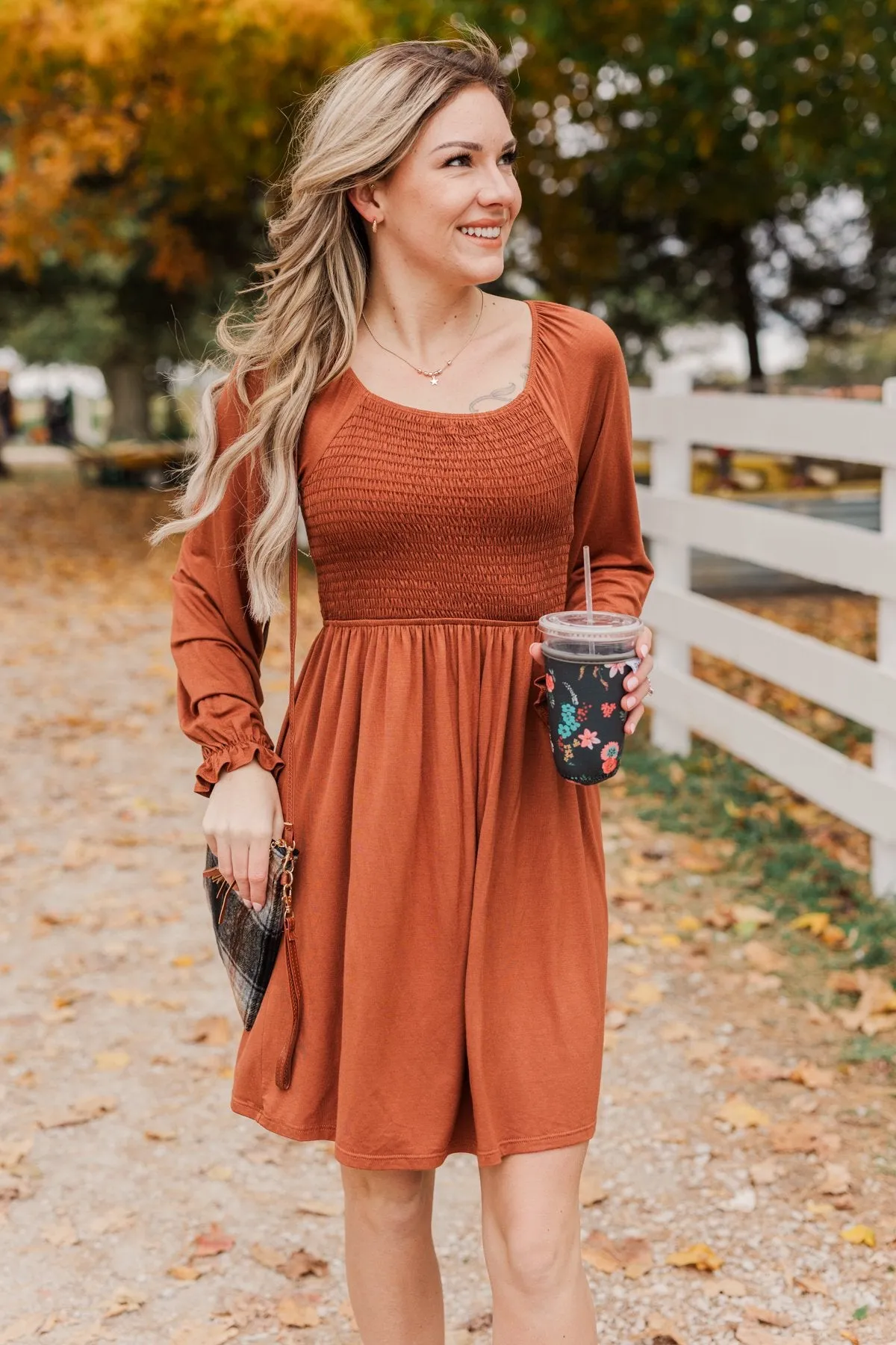 Lost In Memories Long Sleeve Dress- Copper