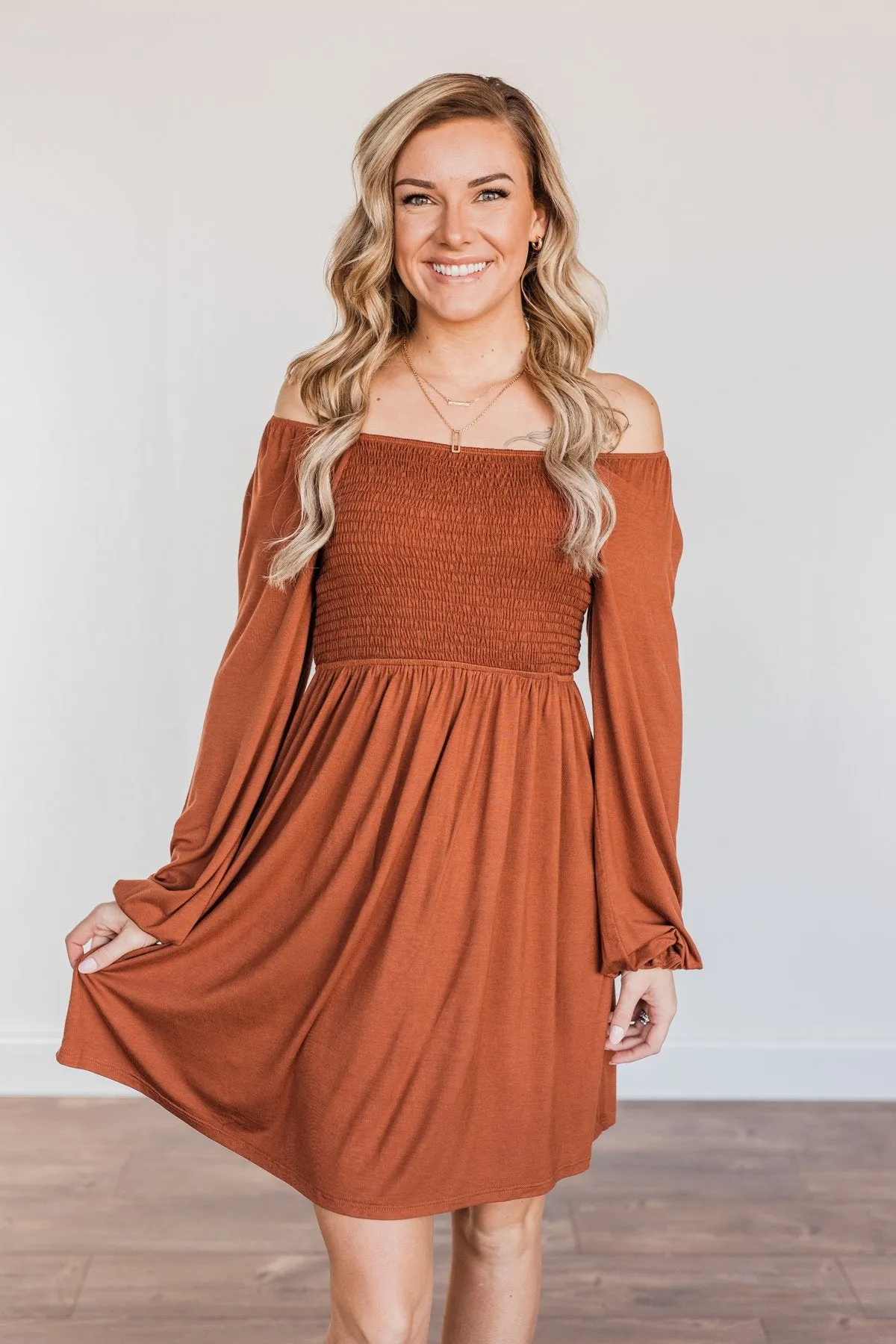 Lost In Memories Long Sleeve Dress- Copper