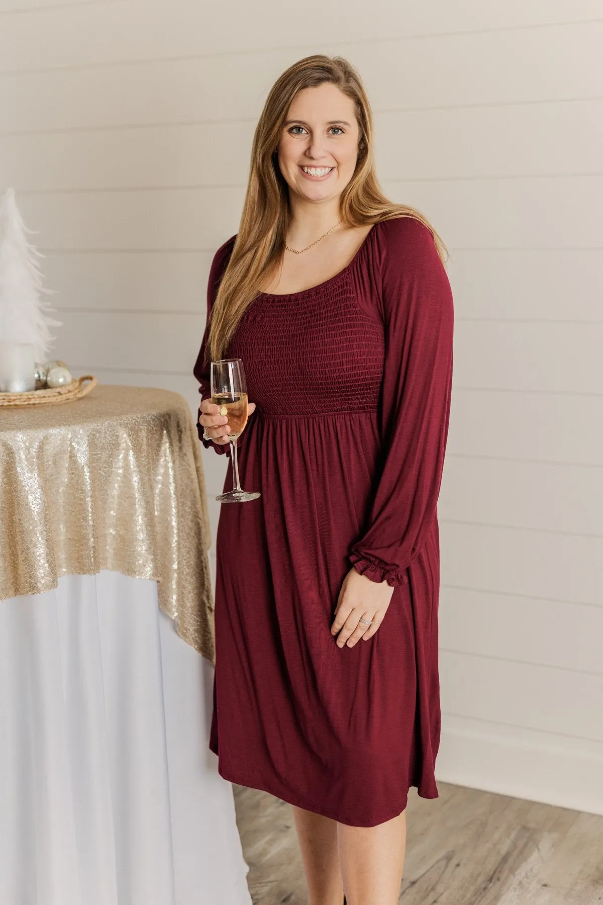 Lost In Memories Long Sleeve Dress- Wine