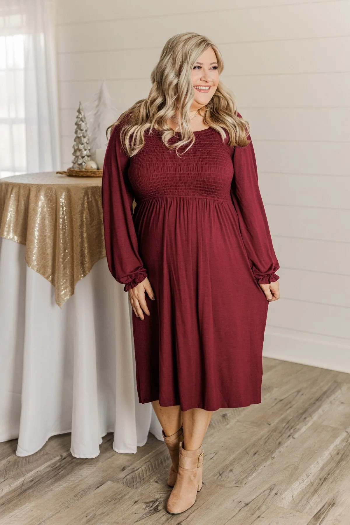 Lost In Memories Long Sleeve Dress- Wine