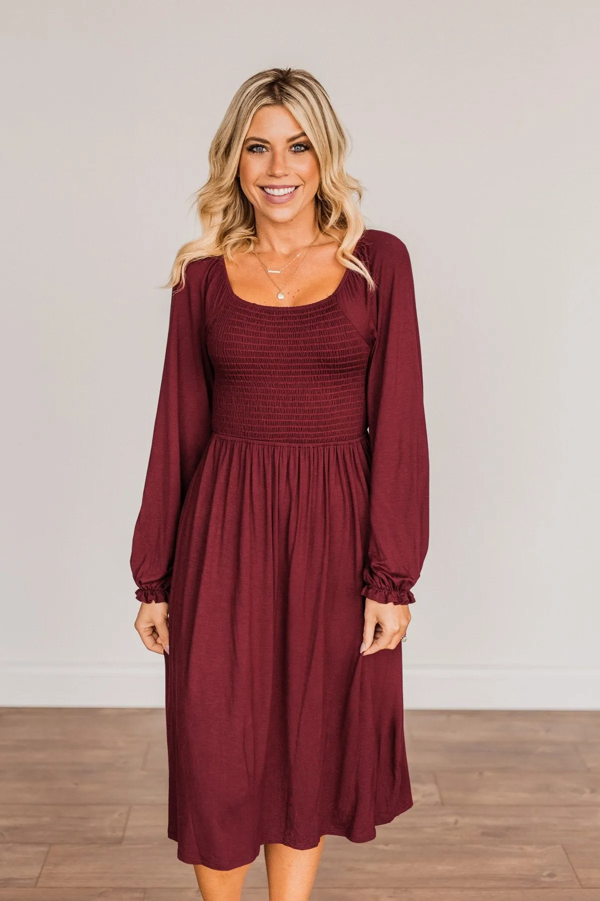 Lost In Memories Long Sleeve Dress- Wine