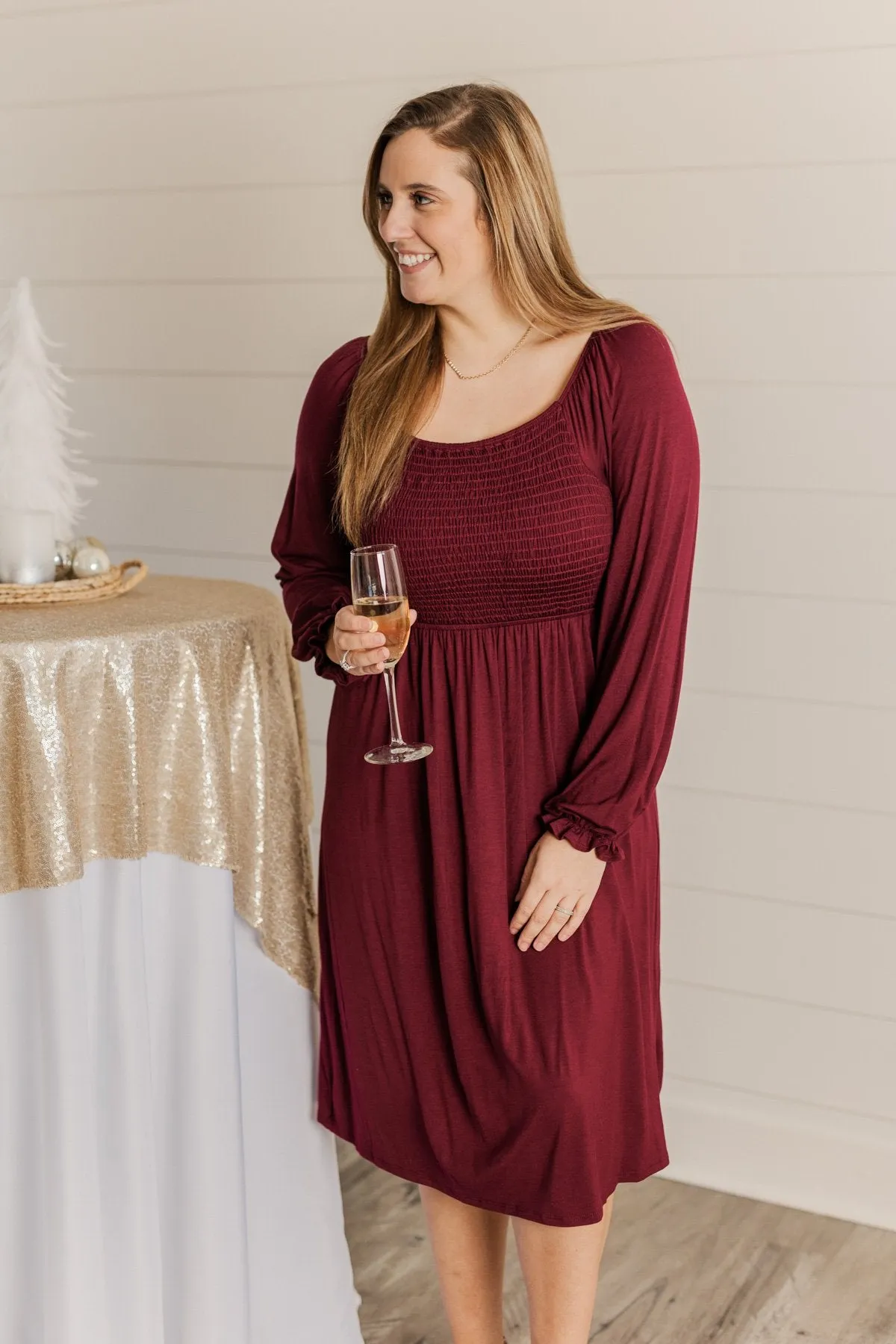 Lost In Memories Long Sleeve Dress- Wine