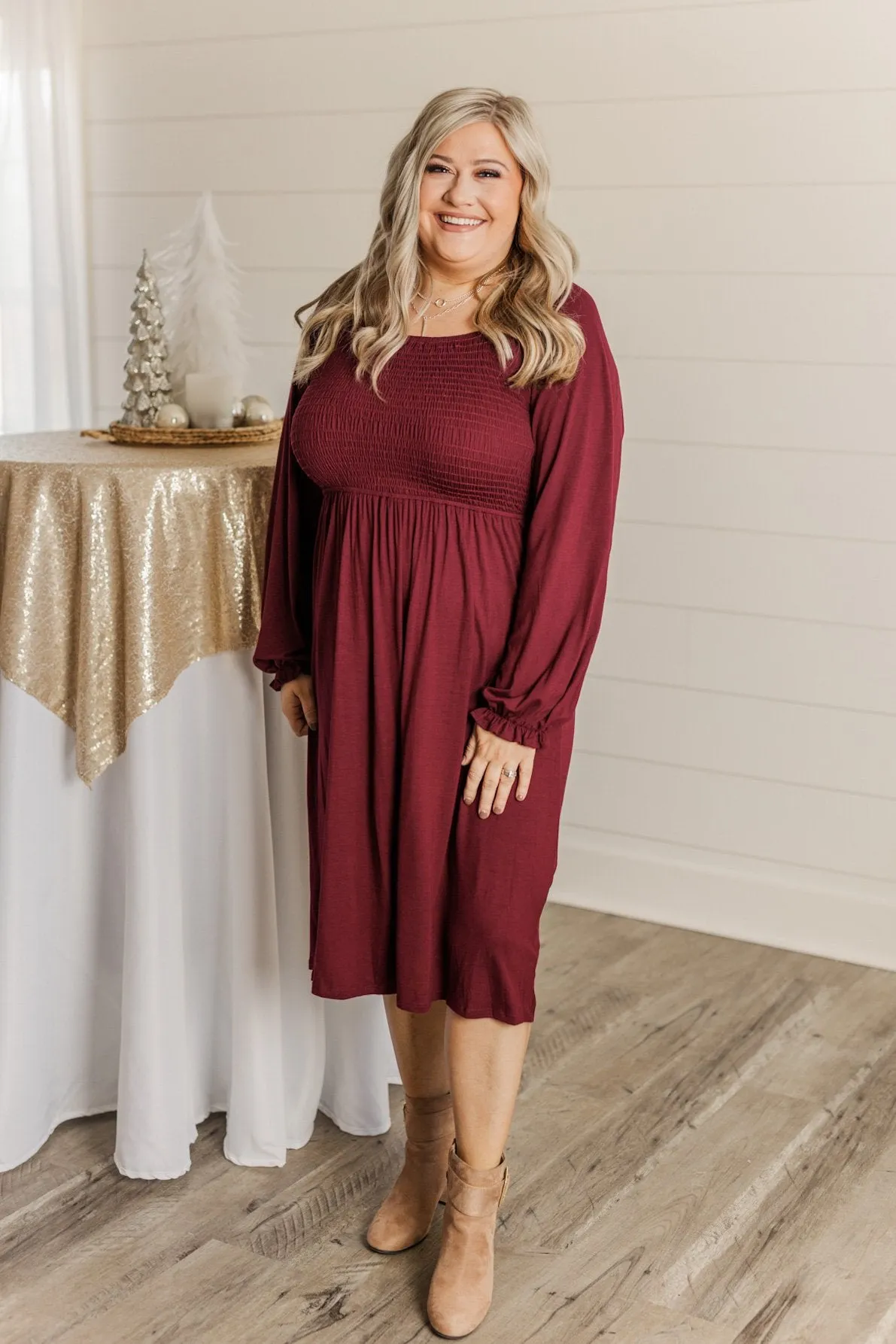 Lost In Memories Long Sleeve Dress- Wine