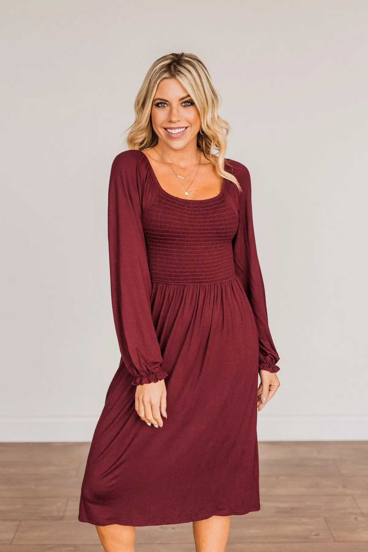 Lost In Memories Long Sleeve Dress- Wine