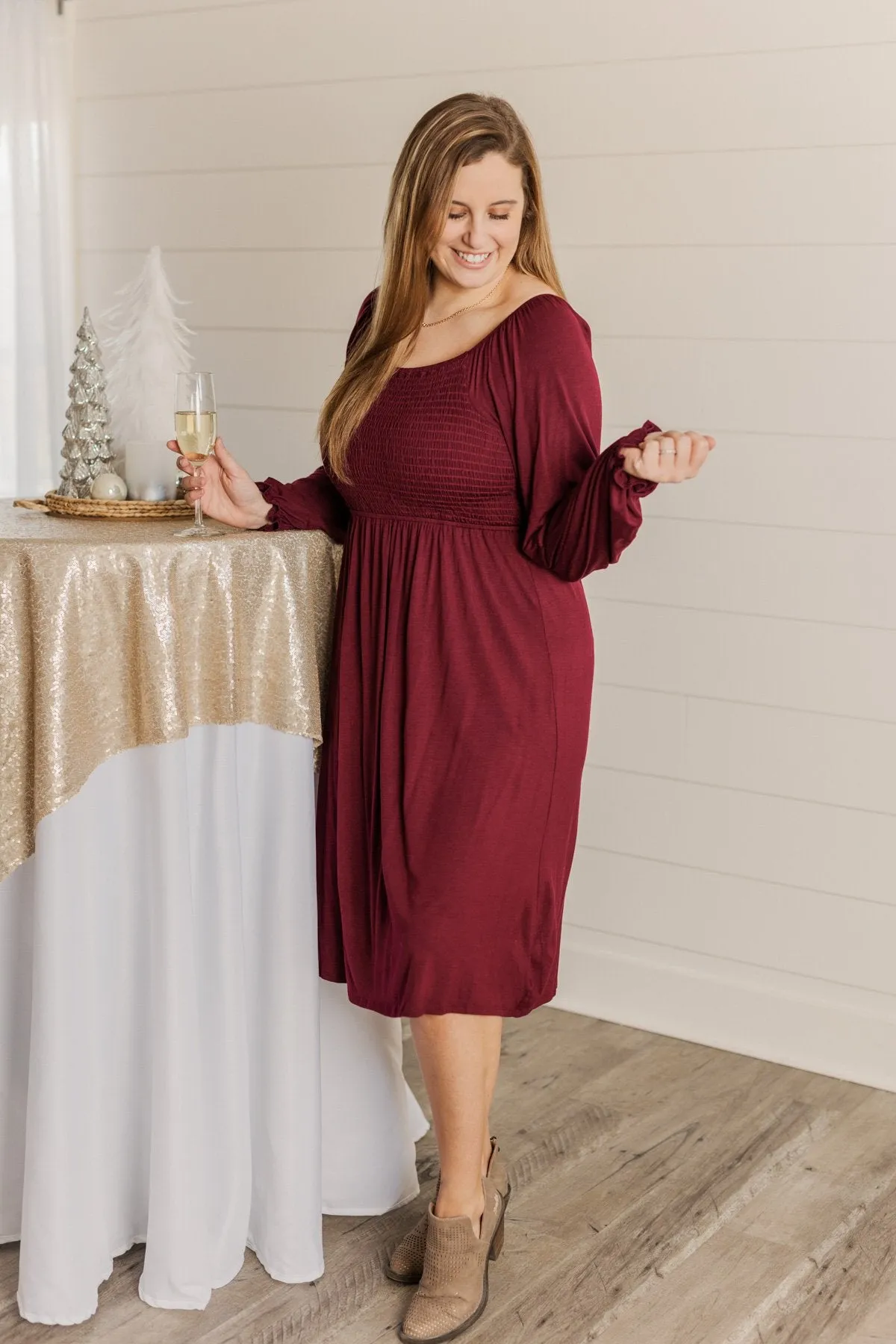 Lost In Memories Long Sleeve Dress- Wine