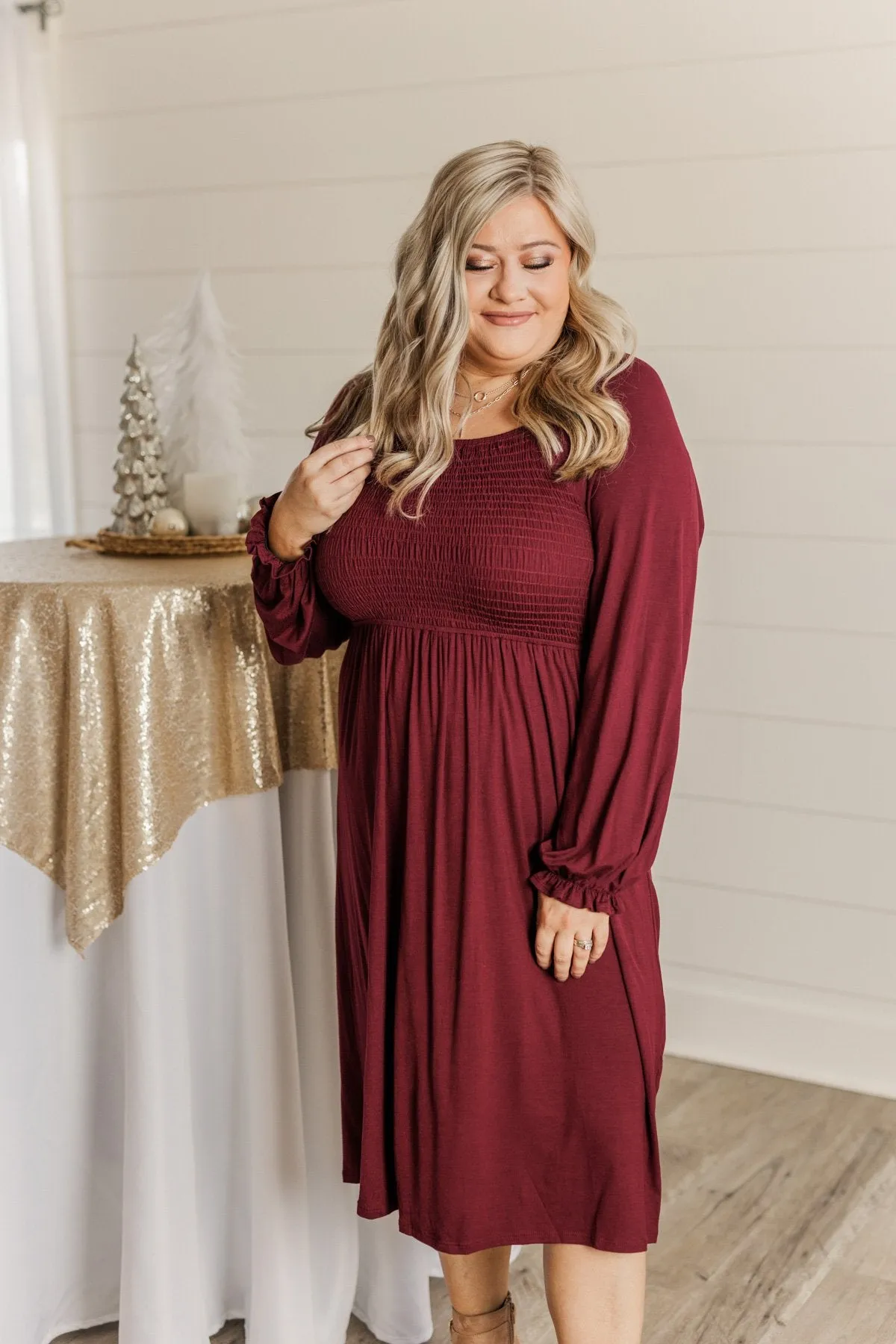 Lost In Memories Long Sleeve Dress- Wine