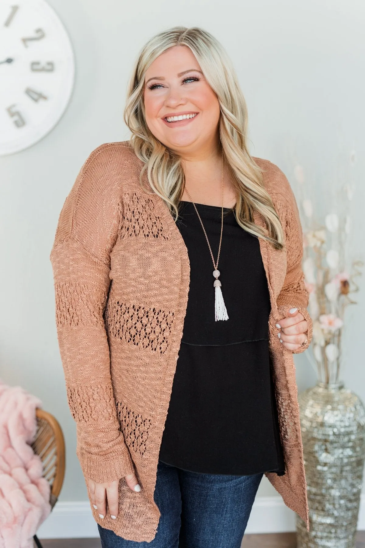 Lovely Life To Live Open Knit Cardigan- Brown